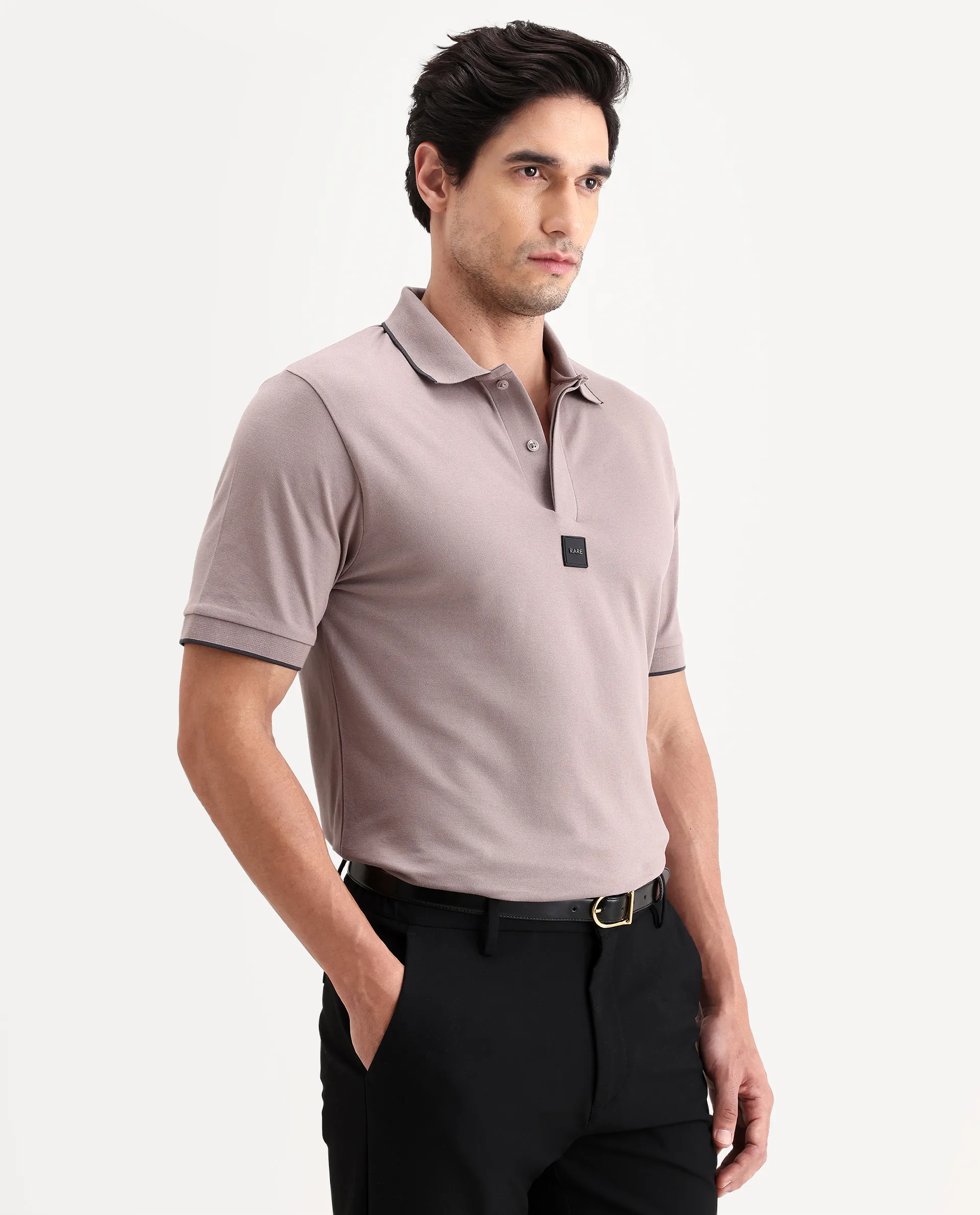 Rare Rabbit Men's Mak Dusky Pink Cotton Blend Fabric Half Sleeve Spread Collar Regular Fit Plain Polo - Image 6