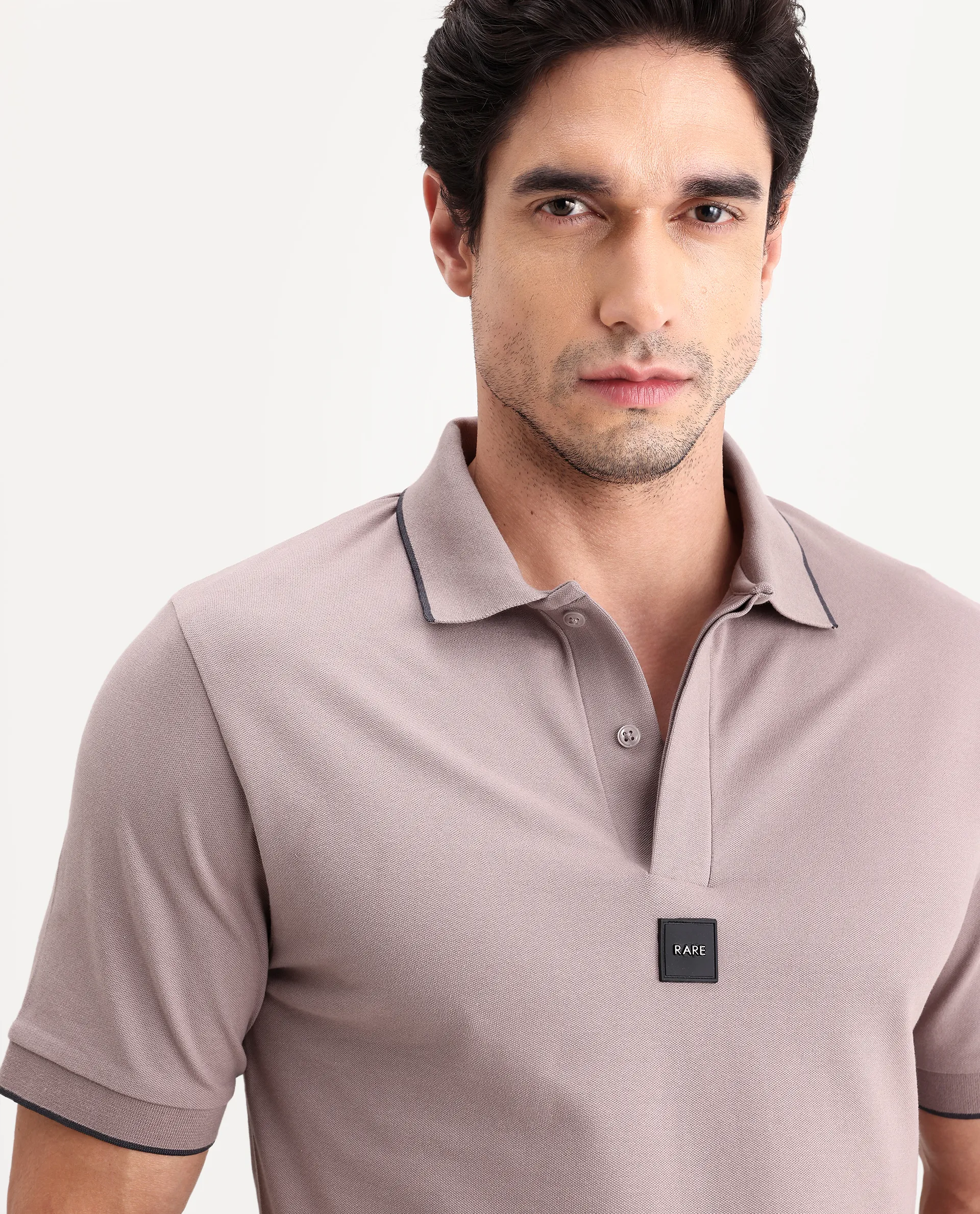 Rare Rabbit Men's Mak Dusky Pink Cotton Blend Fabric Half Sleeve Spread Collar Regular Fit Plain Polo - Image 7