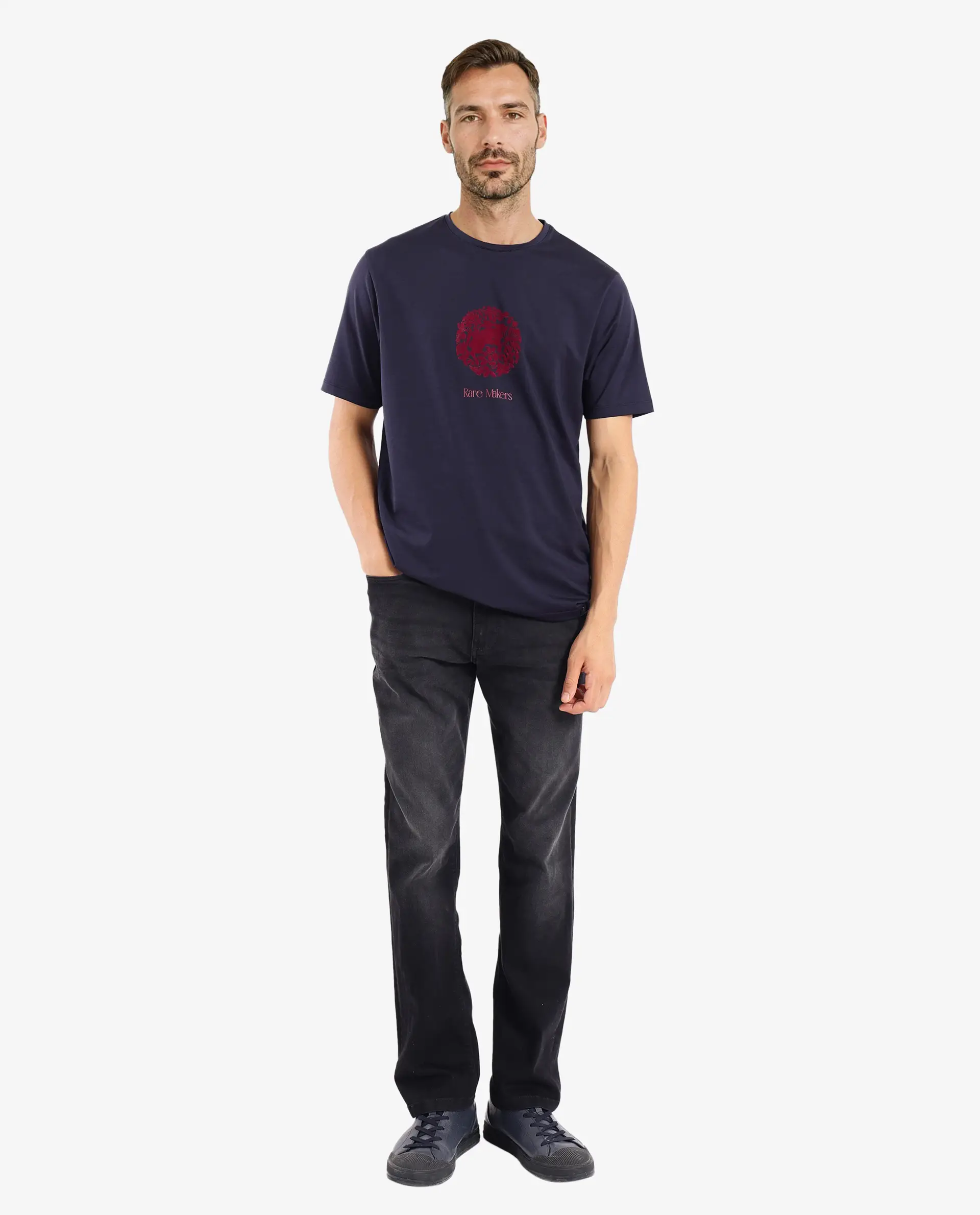 Rare Rabbit Men's Make Navy Cotton Graphic Print Regular Fit Half Sleeve Crew Neck T-Shirt - Image 2
