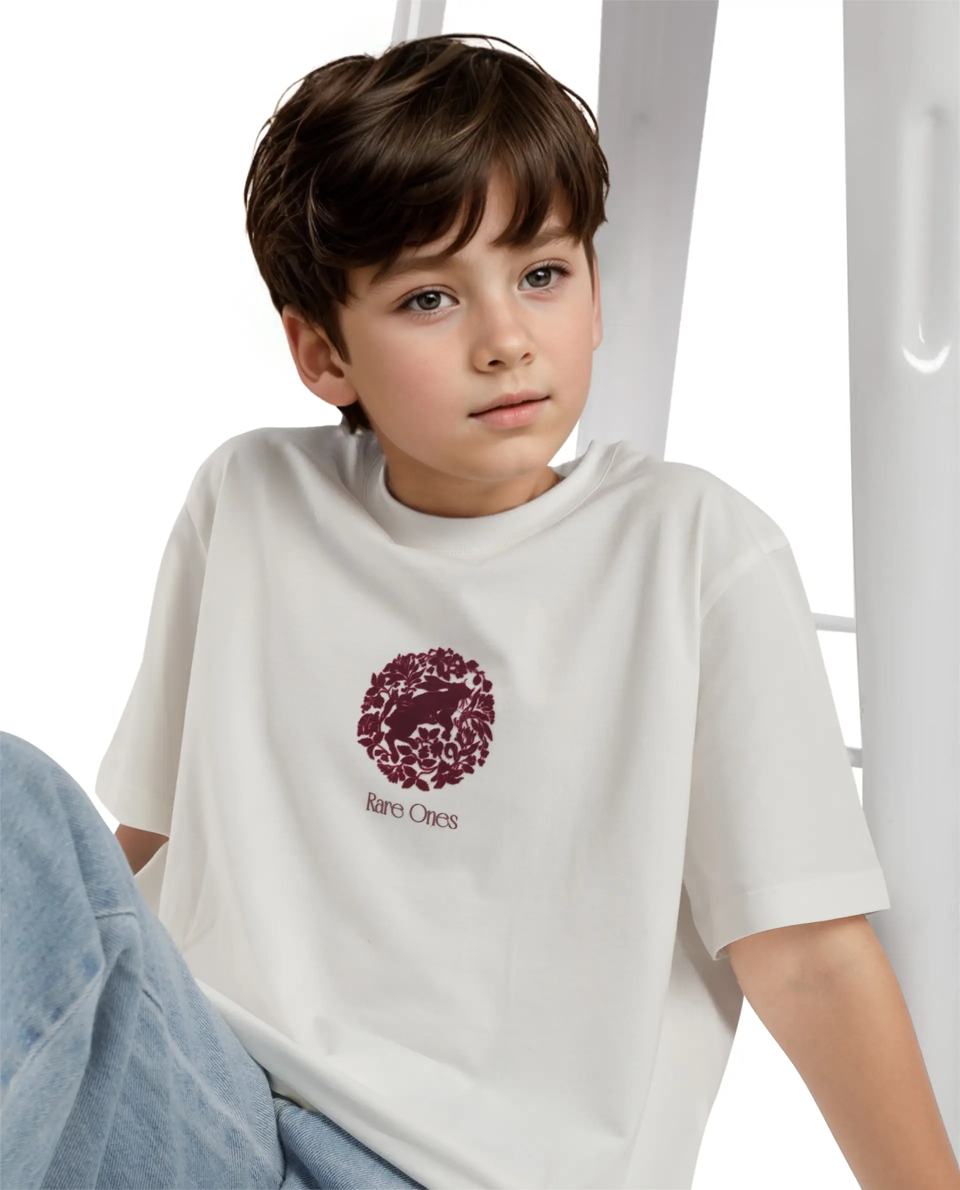 Rare Ones Kids Makes White Cotton Half Sleeves Crew Neck Embroidered T-Shirt - Image 3