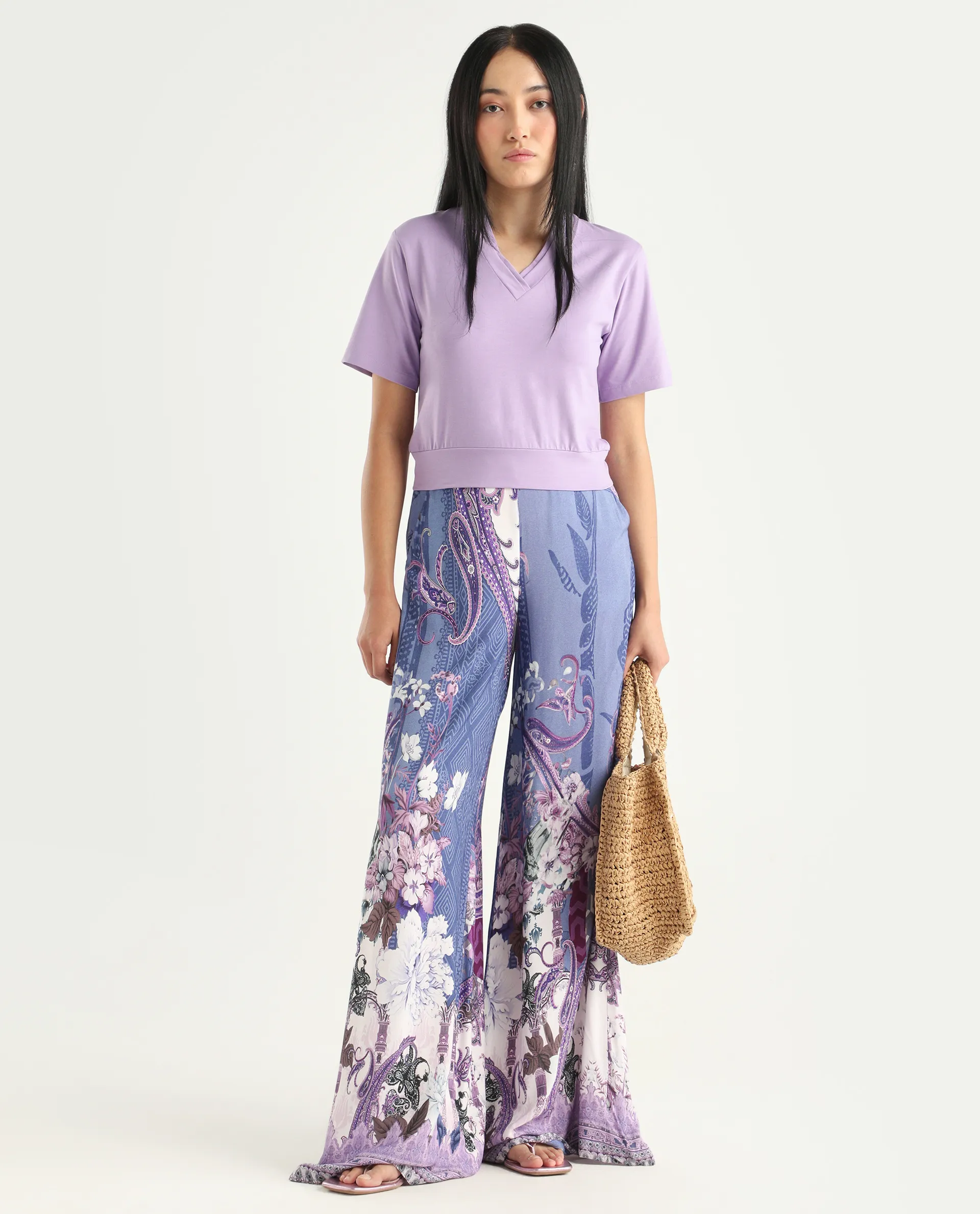 Rareism Women's Makiato Dusky Purple Viscose Blend Floral Print Ankle Length Flared Trouser - Image 2