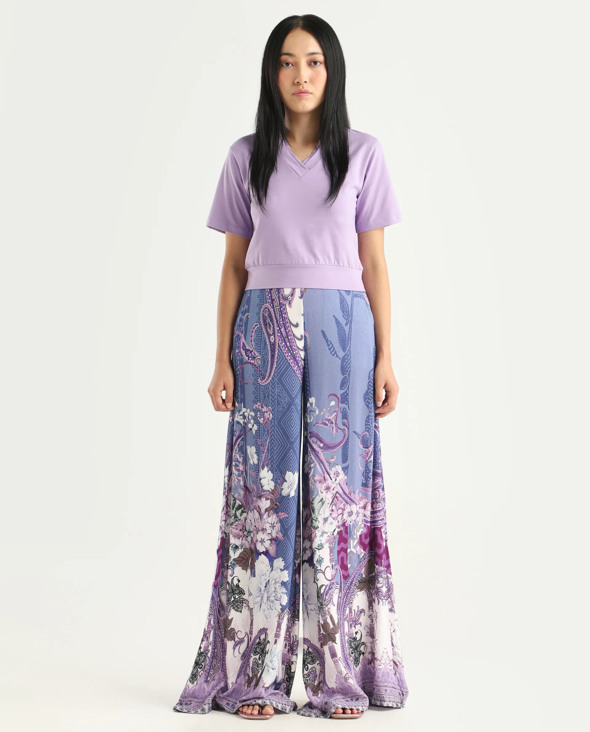 Rareism Women's Makiato Dusky Purple Viscose Blend Floral Print Ankle Length Flared Trouser - Image 3