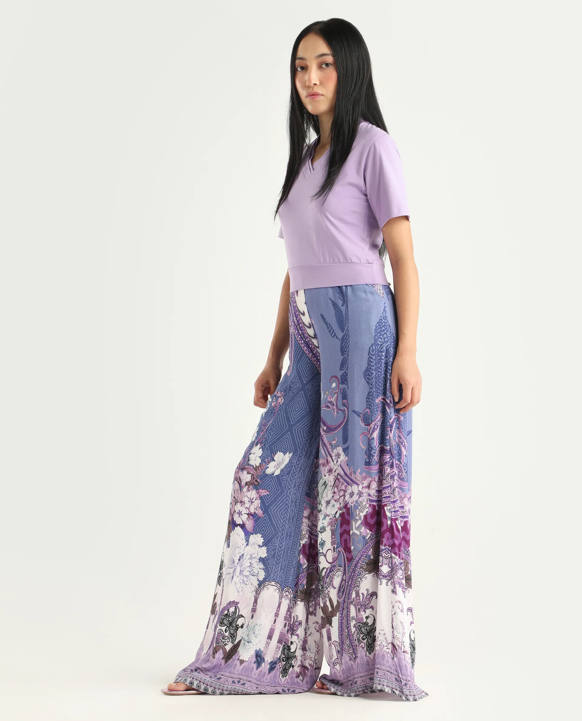 Rareism Women's Makiato Dusky Purple Viscose Blend Floral Print Ankle Length Flared Trouser - Image 5