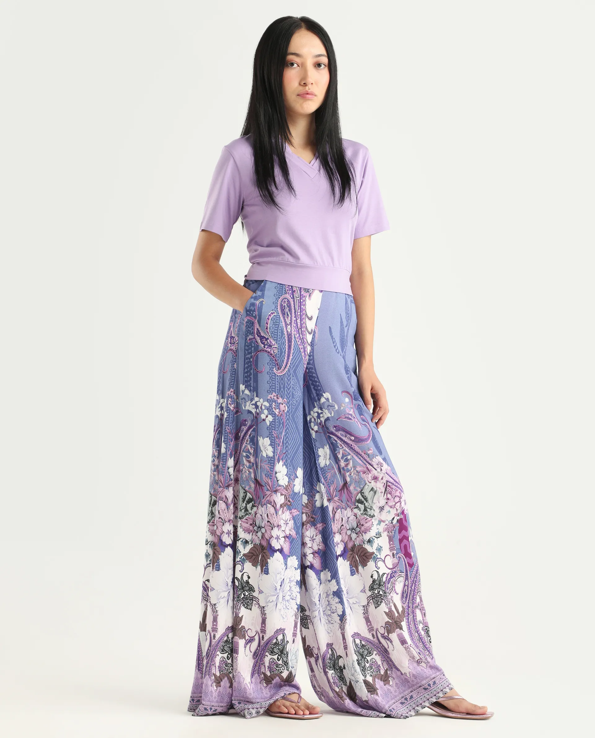 Rareism Women's Makiato Dusky Purple Viscose Blend Floral Print Ankle Length Flared Trouser - Image 6