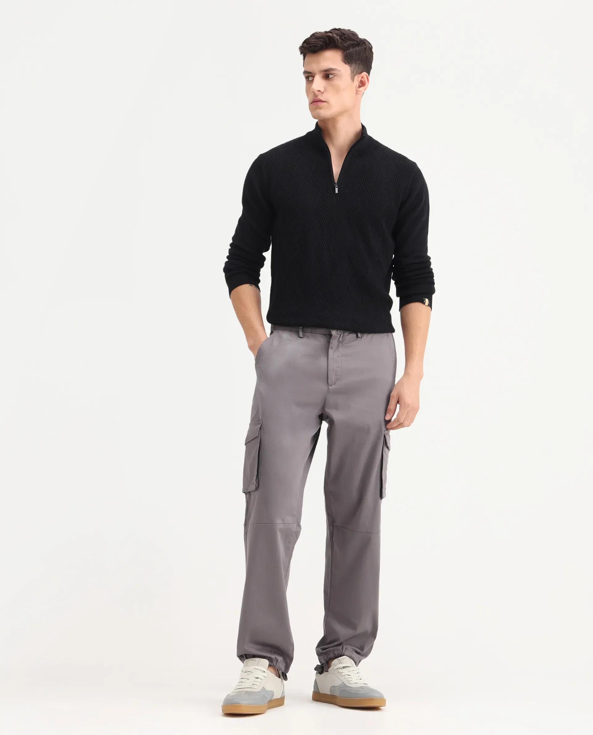 Rare Rabbit Men's Maks Dark Grey Cotton Plain Regular Fit Trouser - Image 4