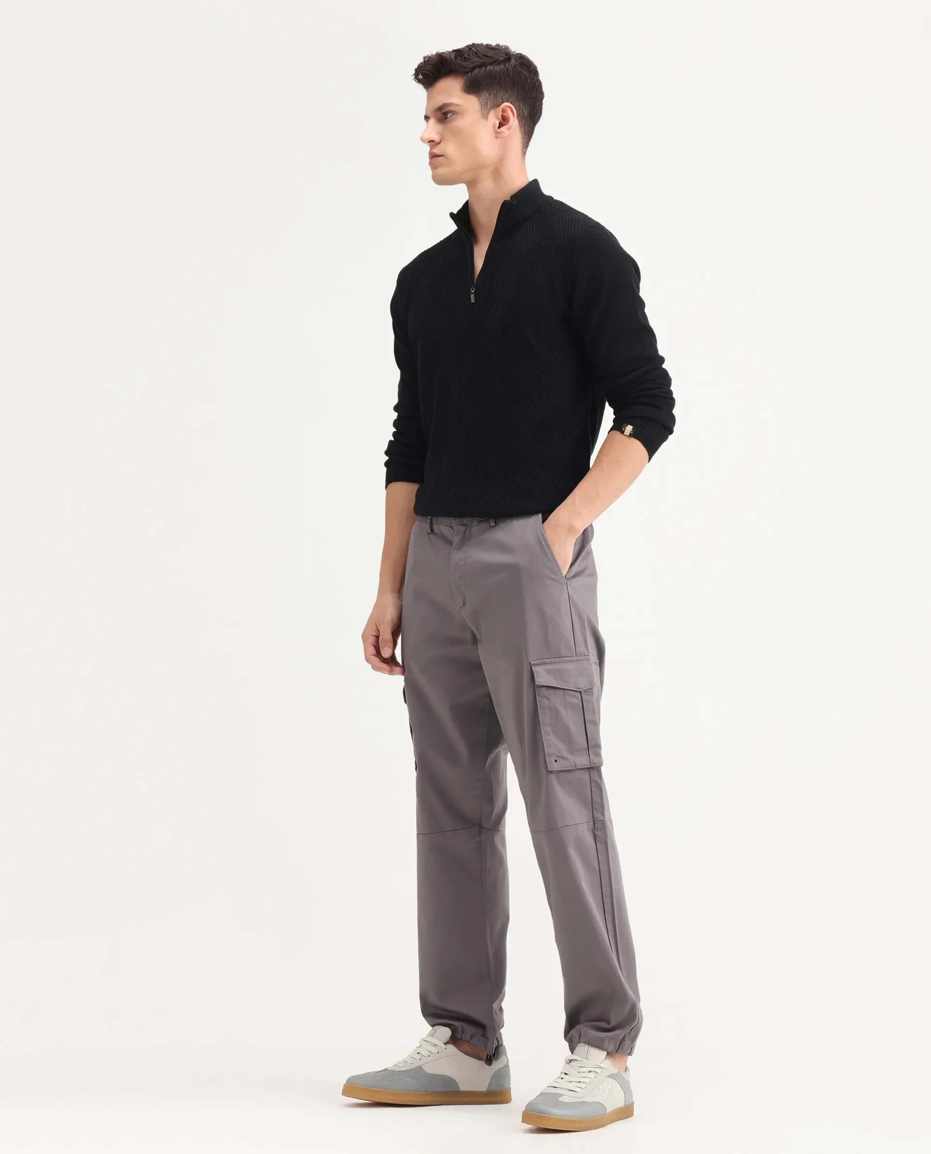 Rare Rabbit Men's Maks Dark Grey Cotton Plain Regular Fit Trouser - Image 5