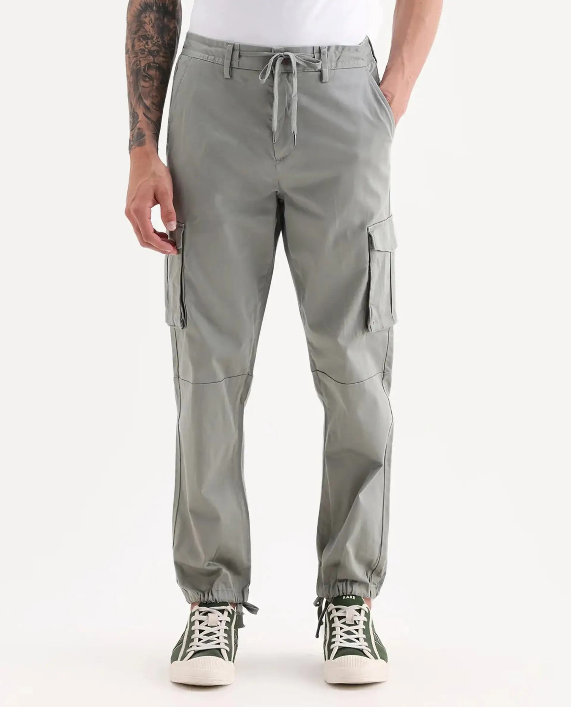 Rare Rabbit Men's Maks Dusky Olive Cotton Plain Regular Fit Trouser - Image 10