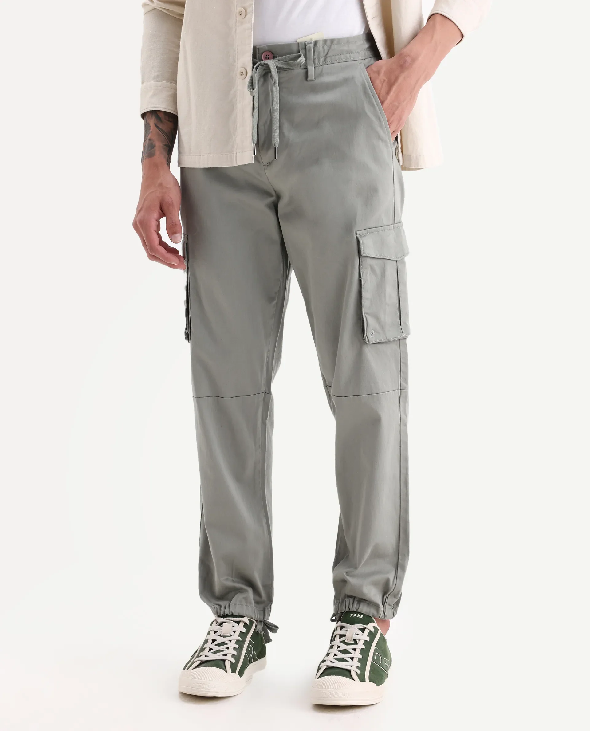 Rare Rabbit Men's Maks Dusky Olive Cotton Plain Regular Fit Trouser - Image 2