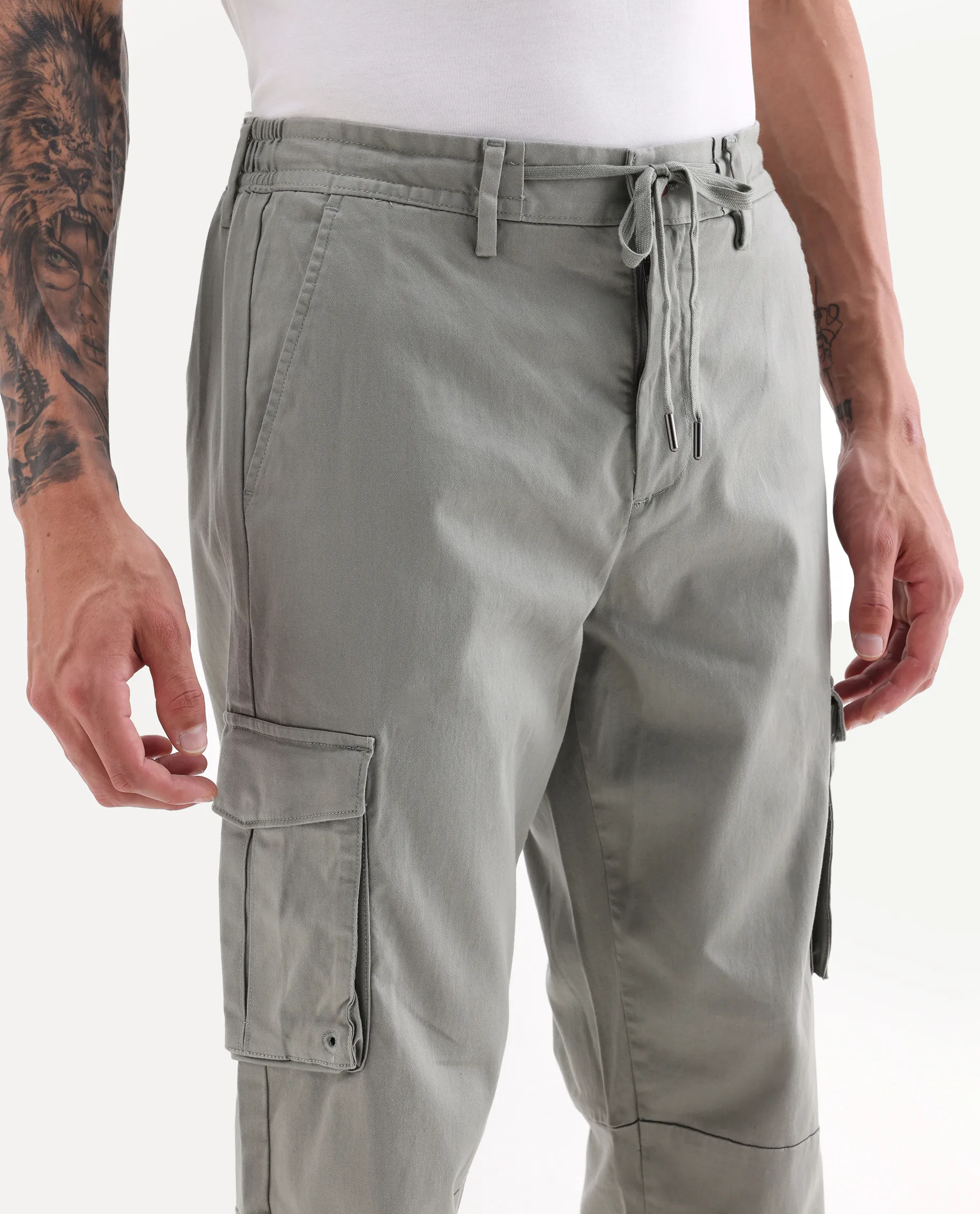 Rare Rabbit Men's Maks Dusky Olive Cotton Plain Regular Fit Trouser - Image 3