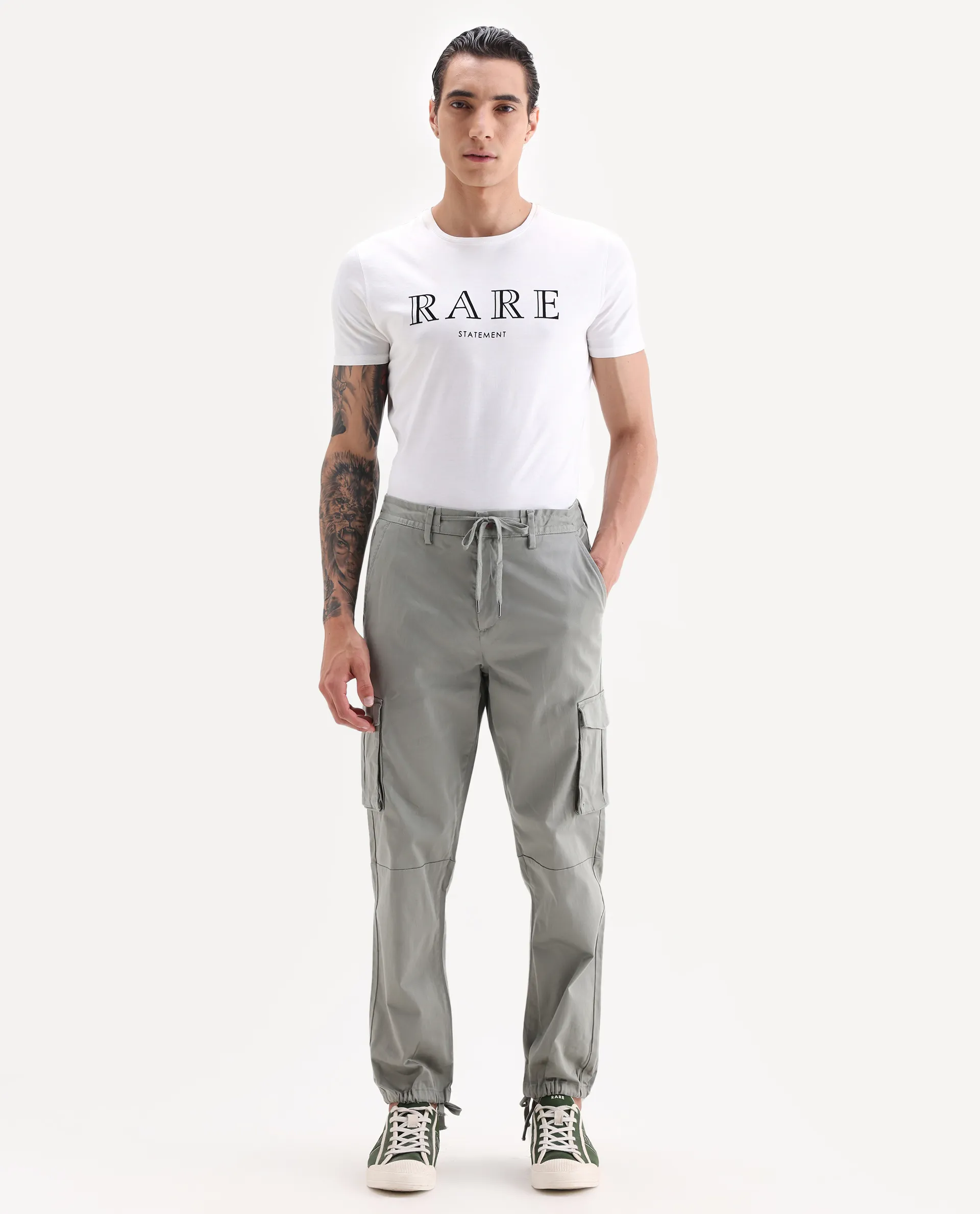 Rare Rabbit Men's Maks Dusky Olive Cotton Plain Regular Fit Trouser - Image 4