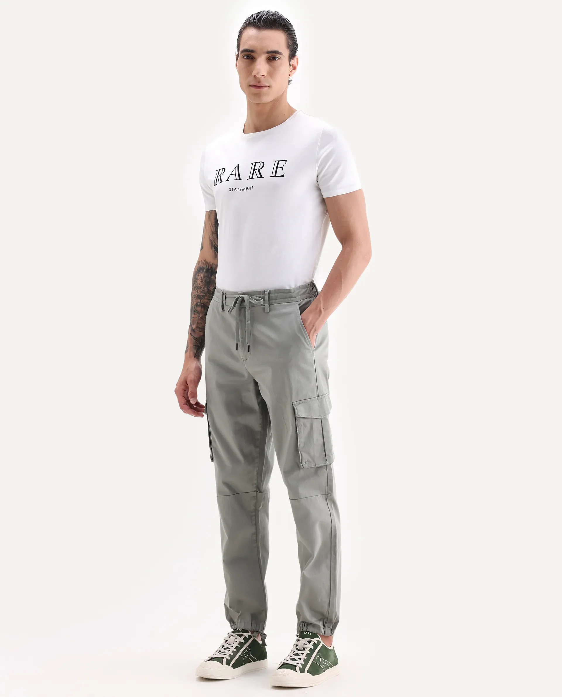 Rare Rabbit Men's Maks Dusky Olive Cotton Plain Regular Fit Trouser - Image 5