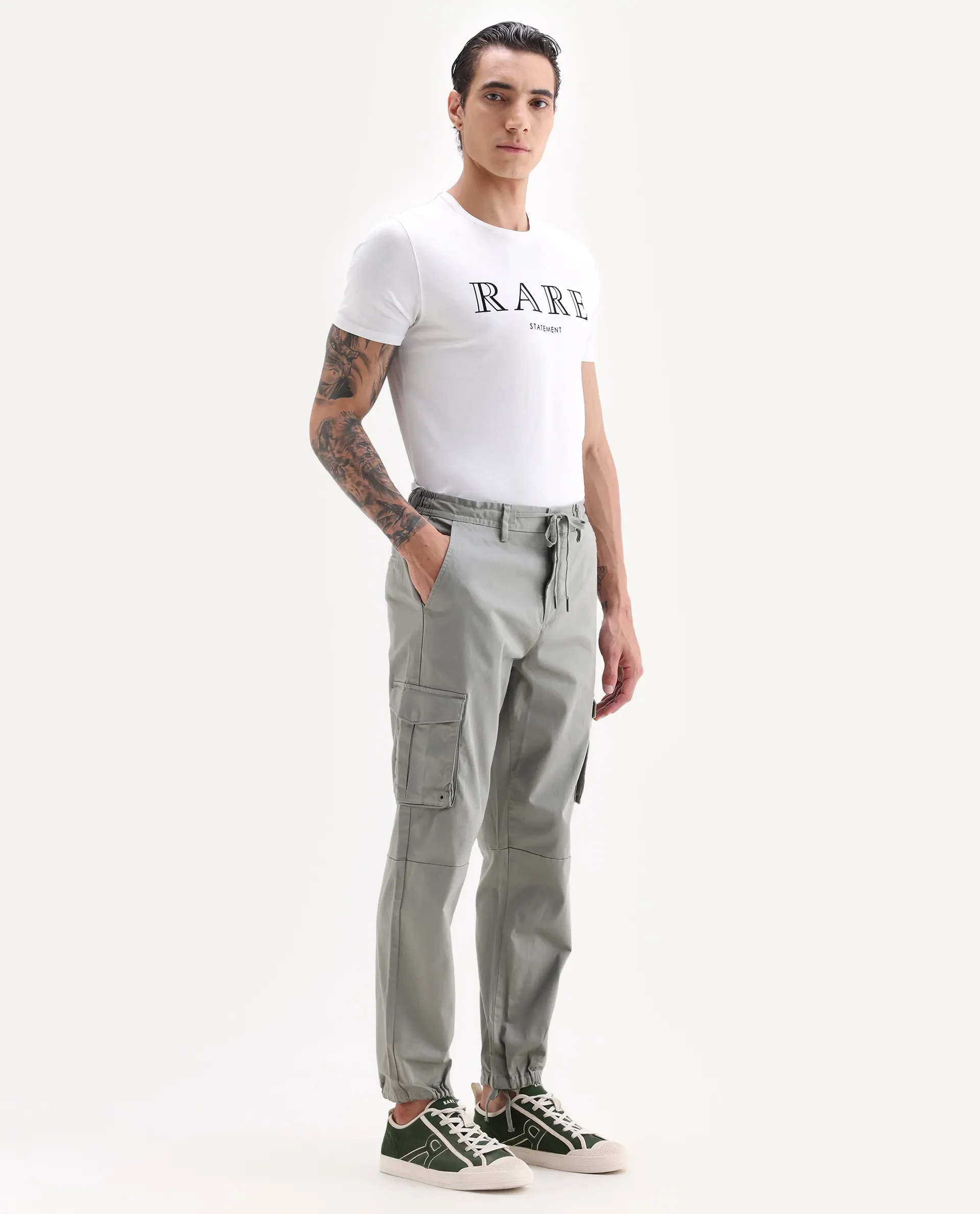 Rare Rabbit Men's Maks Dusky Olive Cotton Plain Regular Fit Trouser - Image 7