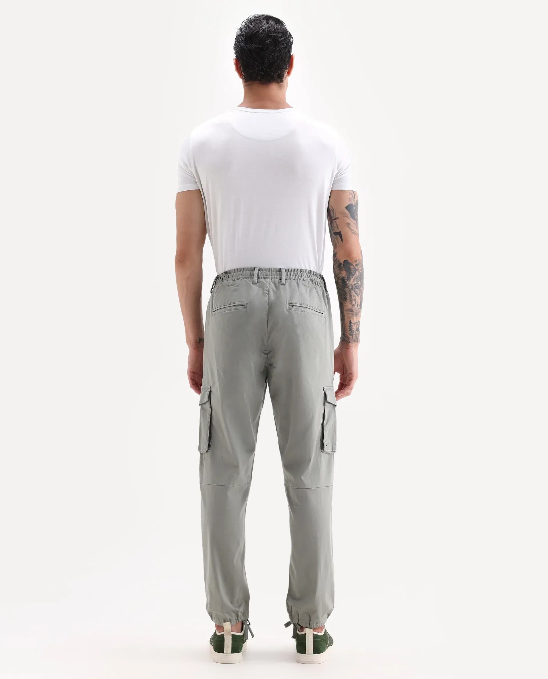 Rare Rabbit Men's Maks Dusky Olive Cotton Plain Regular Fit Trouser - Image 9