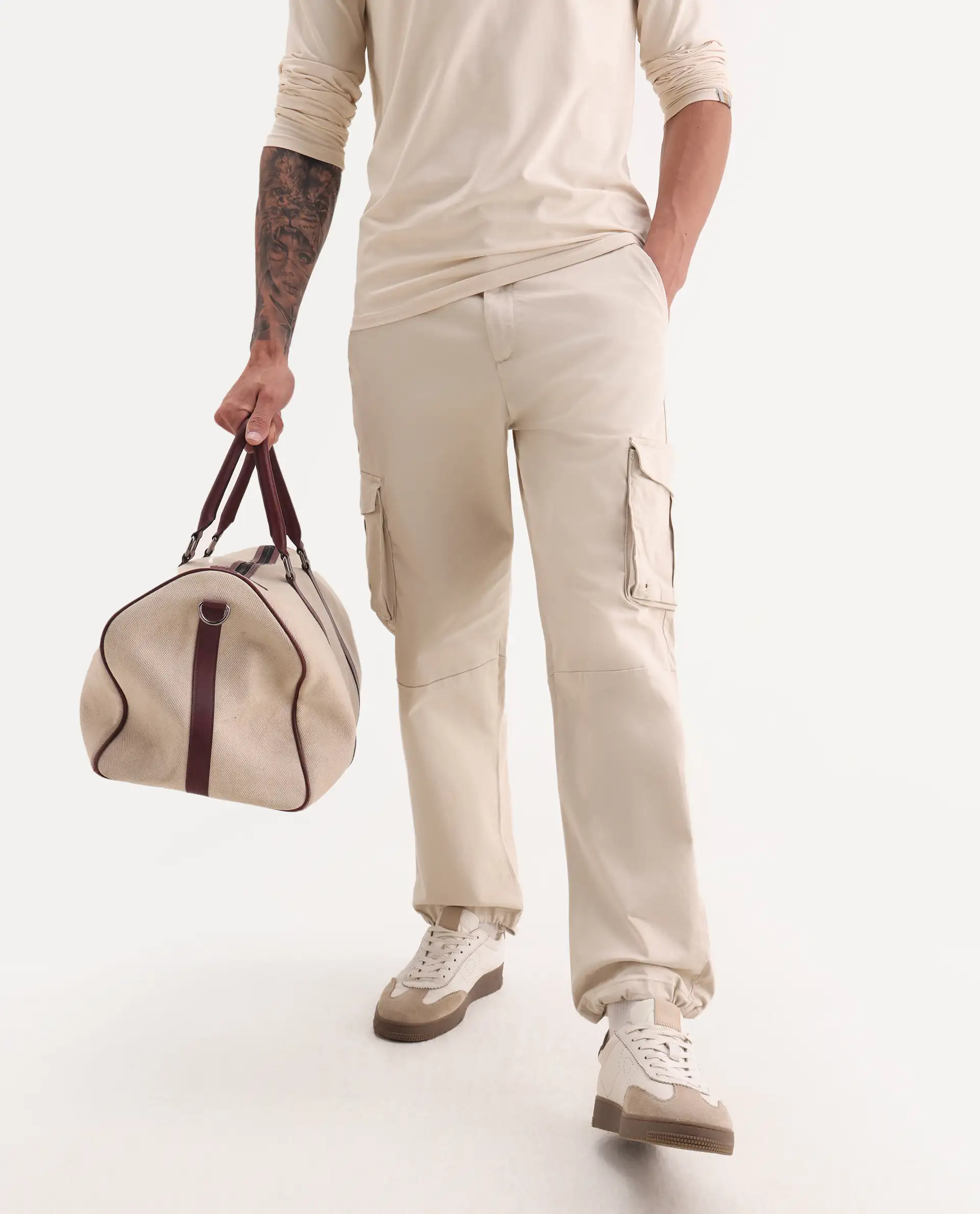 Rare Rabbit Men's Maks Off White Cotton Plain Regular Fit Trouser - Image 2