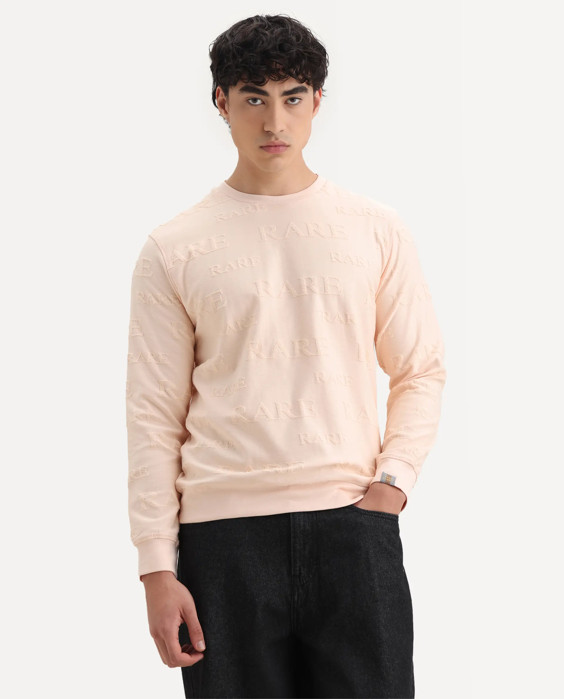 Rare Rabbit Men's Malaga Peach Cotton Embroidered Regular Fit Full Sleeve Crew Neck Sweatshirt - Image 4