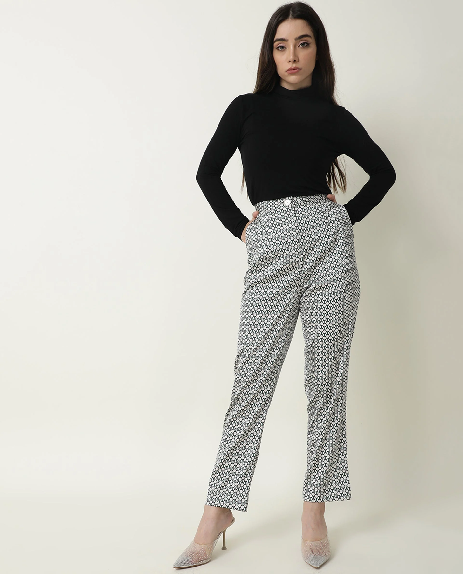 Rareism Women's Malani Beige Modal Geometric Print Ankle Length Tailored Trouser - Image 10
