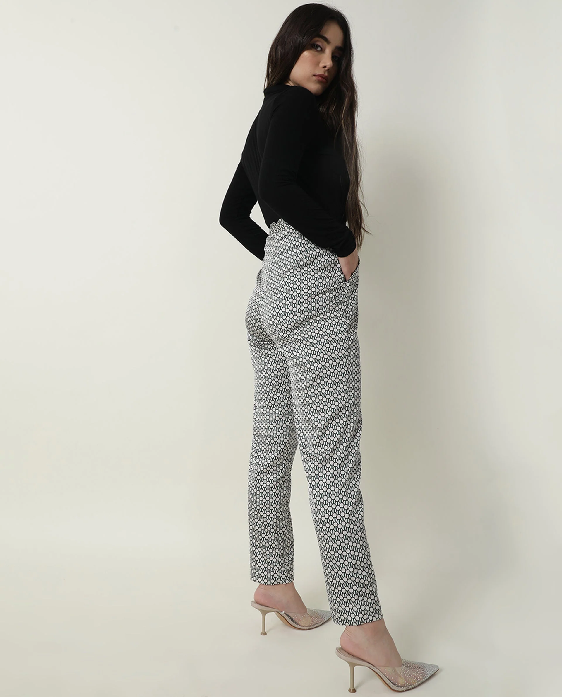 Rareism Women's Malani Beige Modal Geometric Print Ankle Length Tailored Trouser - Image 2