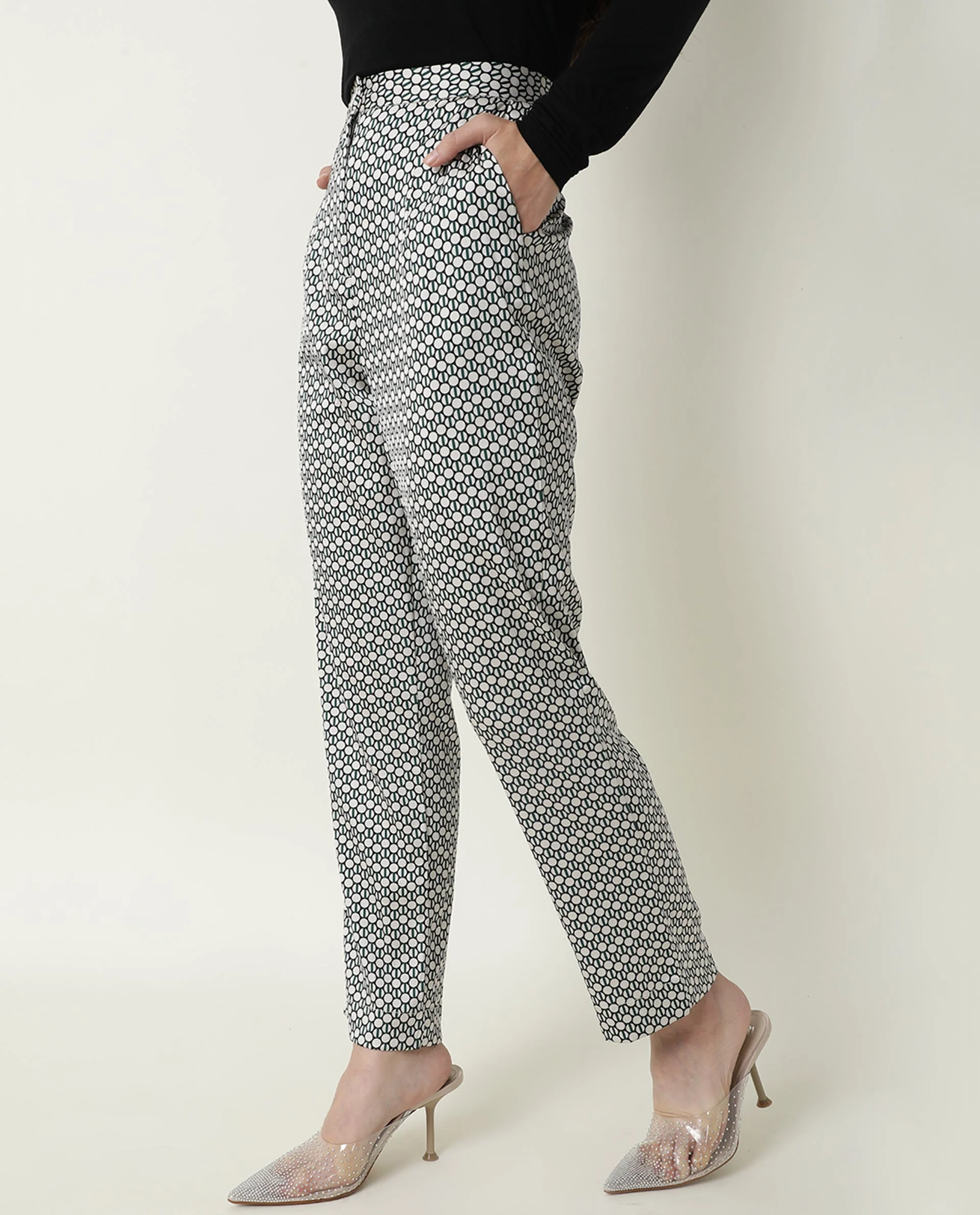 Rareism Women's Malani Beige Modal Geometric Print Ankle Length Tailored Trouser - Image 5