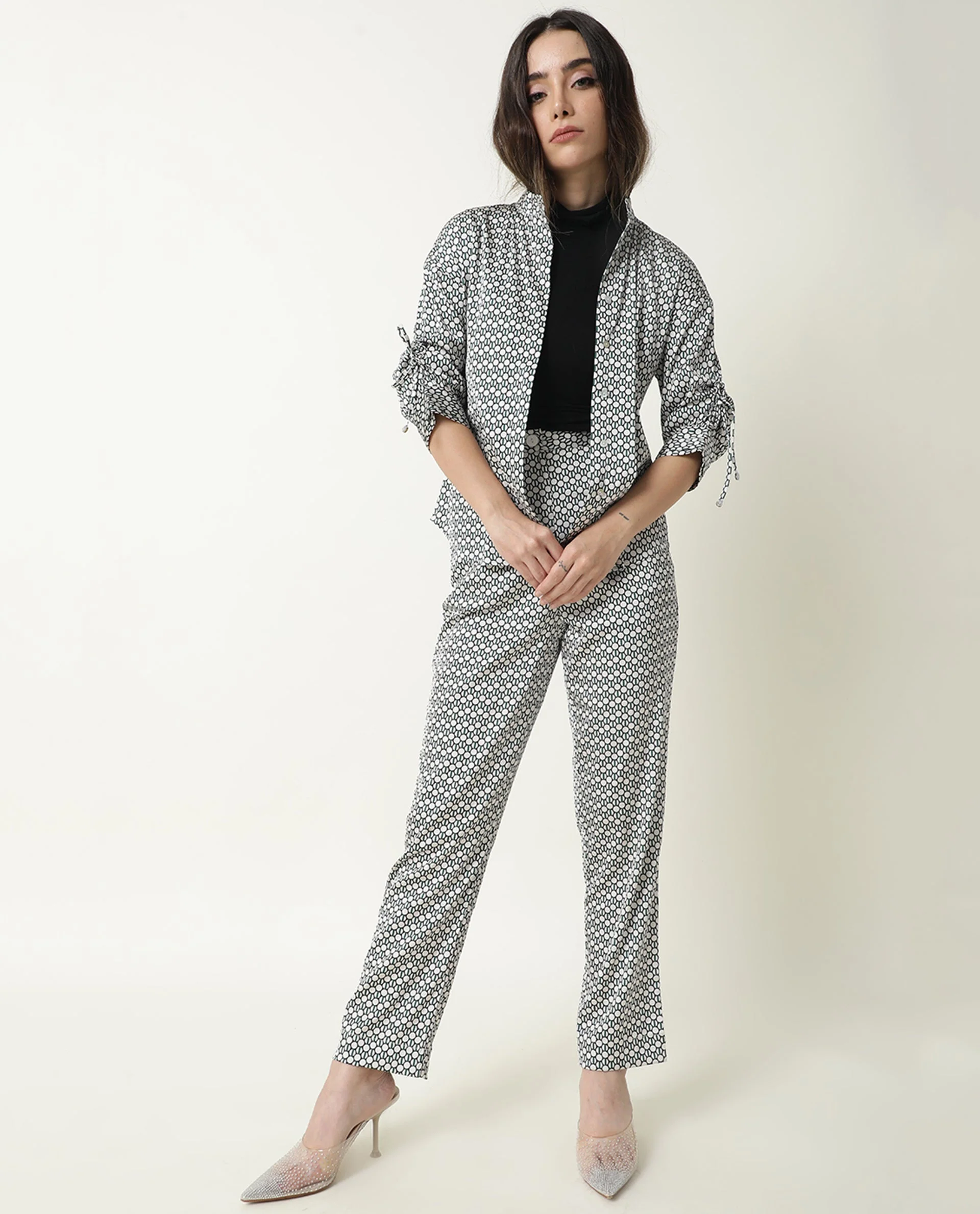 Rareism Women's Malani Beige Modal Geometric Print Ankle Length Tailored Trouser - Image 9