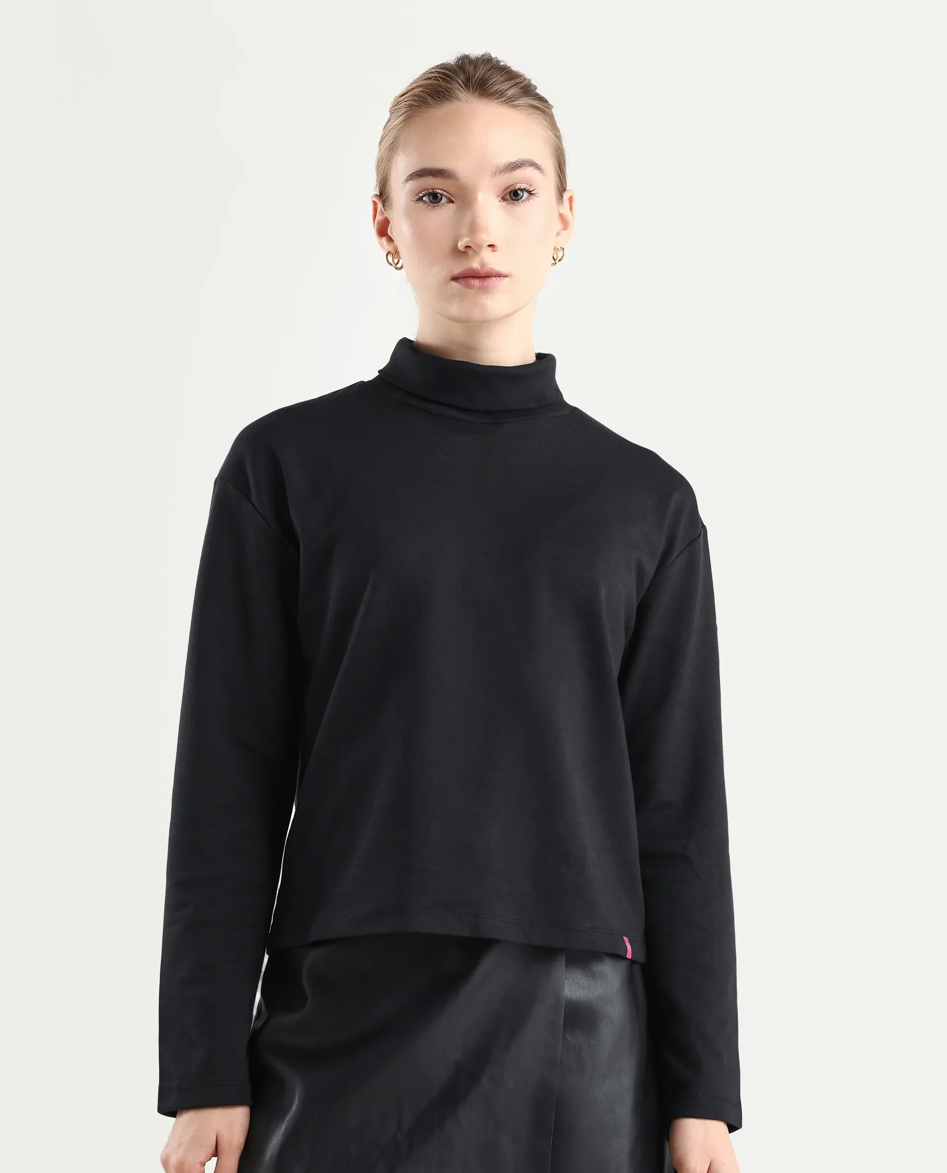 Rareism Women's Malatya Black Cotton Blend Polo Neck Plain Slim Fit Top - Image 3