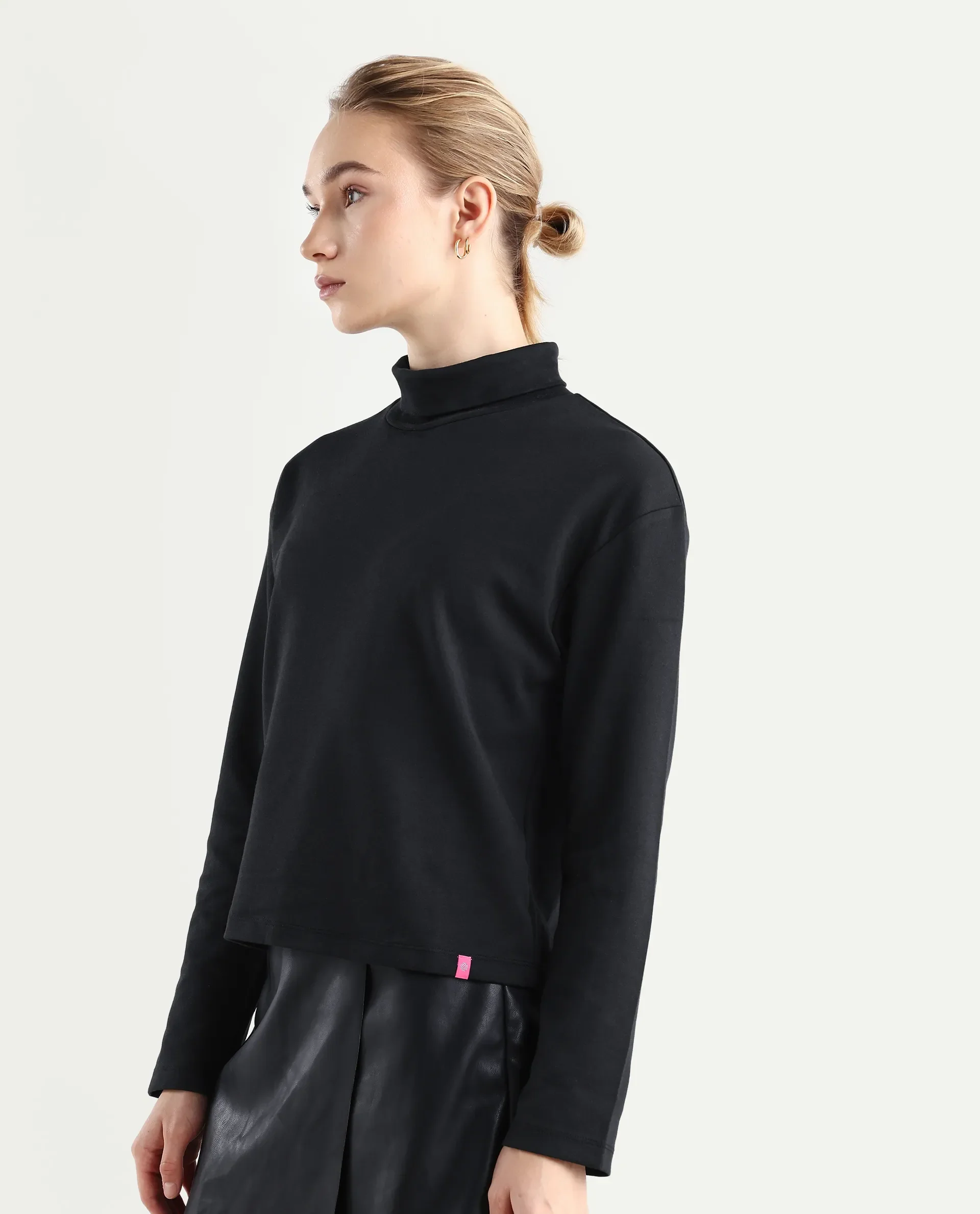 Rareism Women's Malatya Black Cotton Blend Polo Neck Plain Slim Fit Top - Image 5