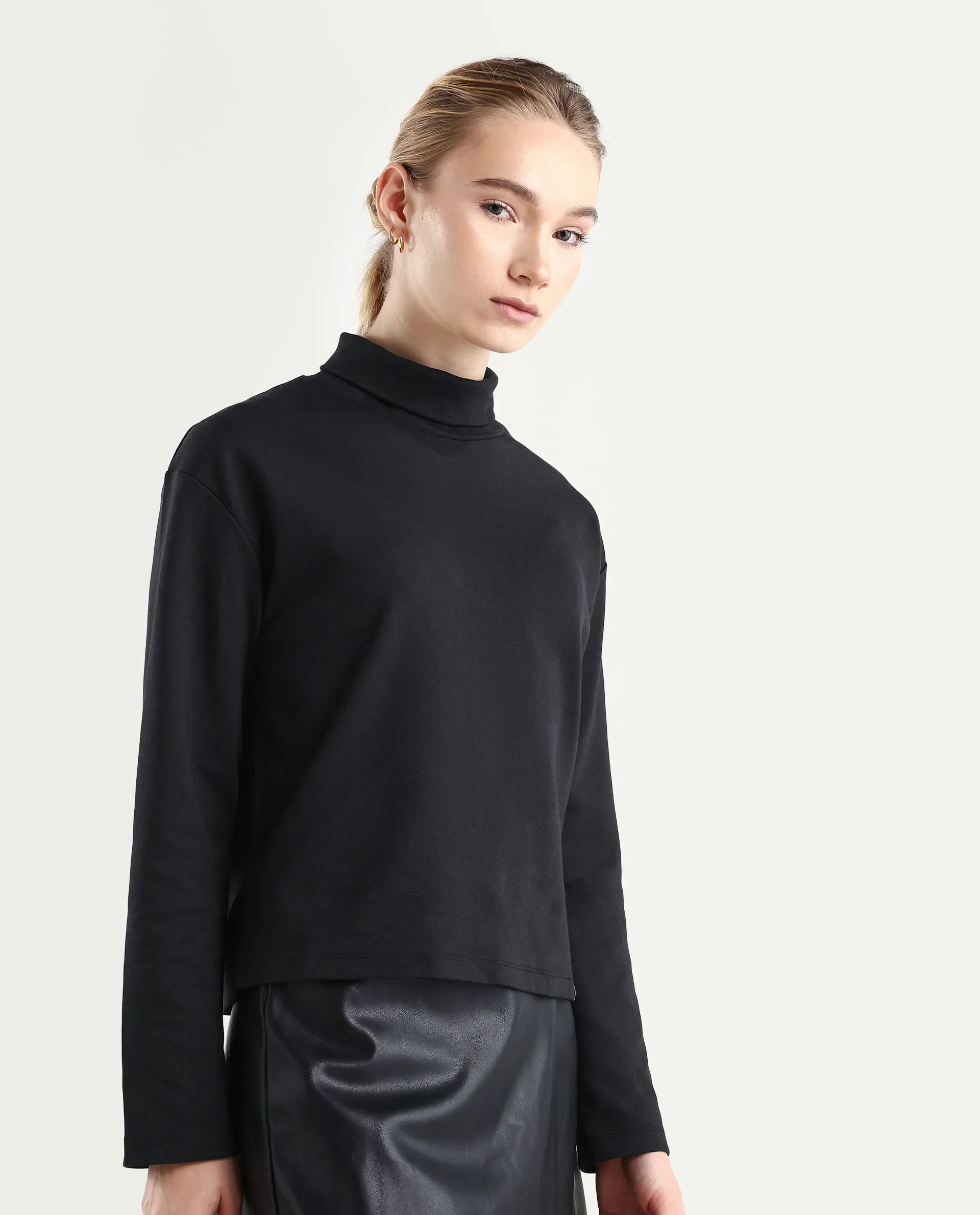 Rareism Women's Malatya Black Cotton Blend Polo Neck Plain Slim Fit Top - Image 6