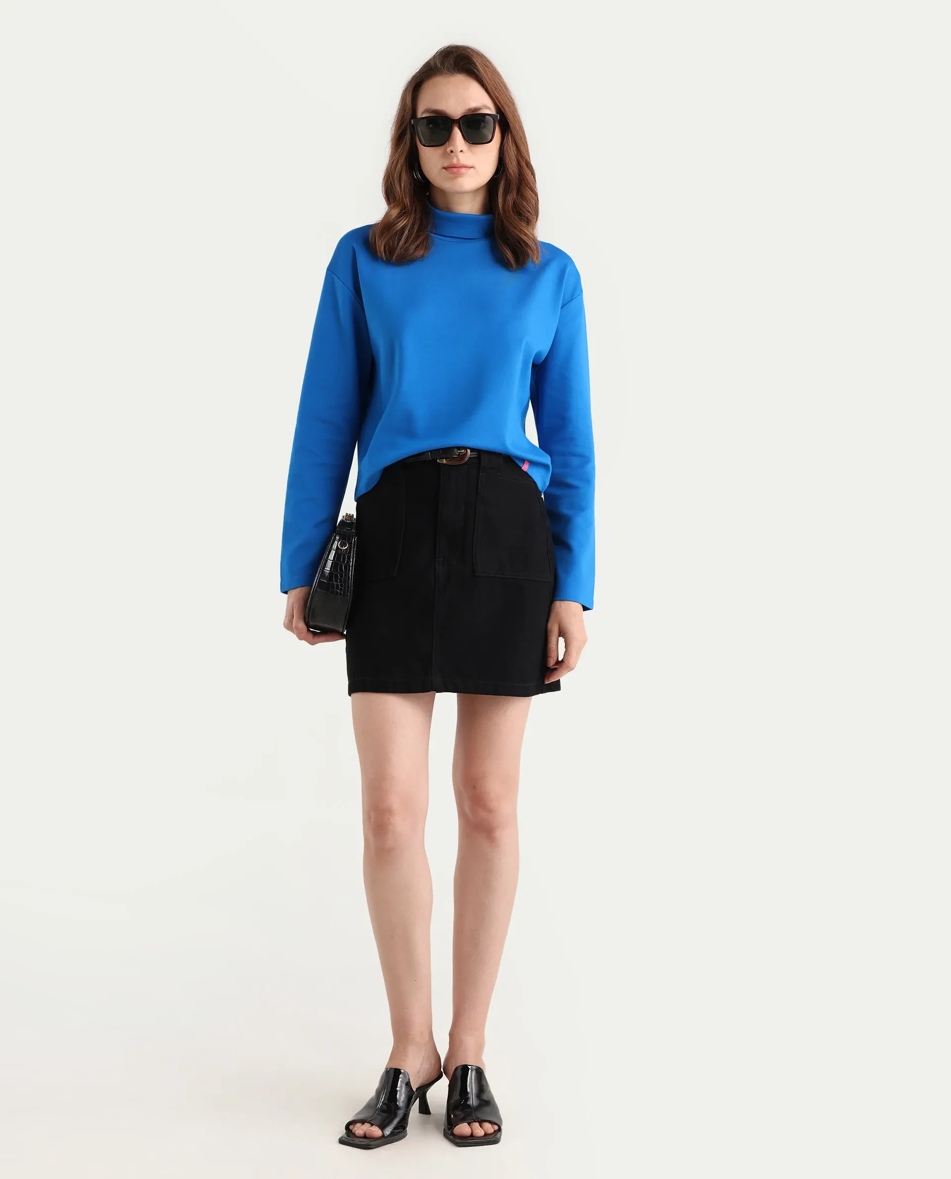 Rareism Women's Malatya Blue Cotton Polo Neck Plain Slim Fit Top - Image 2