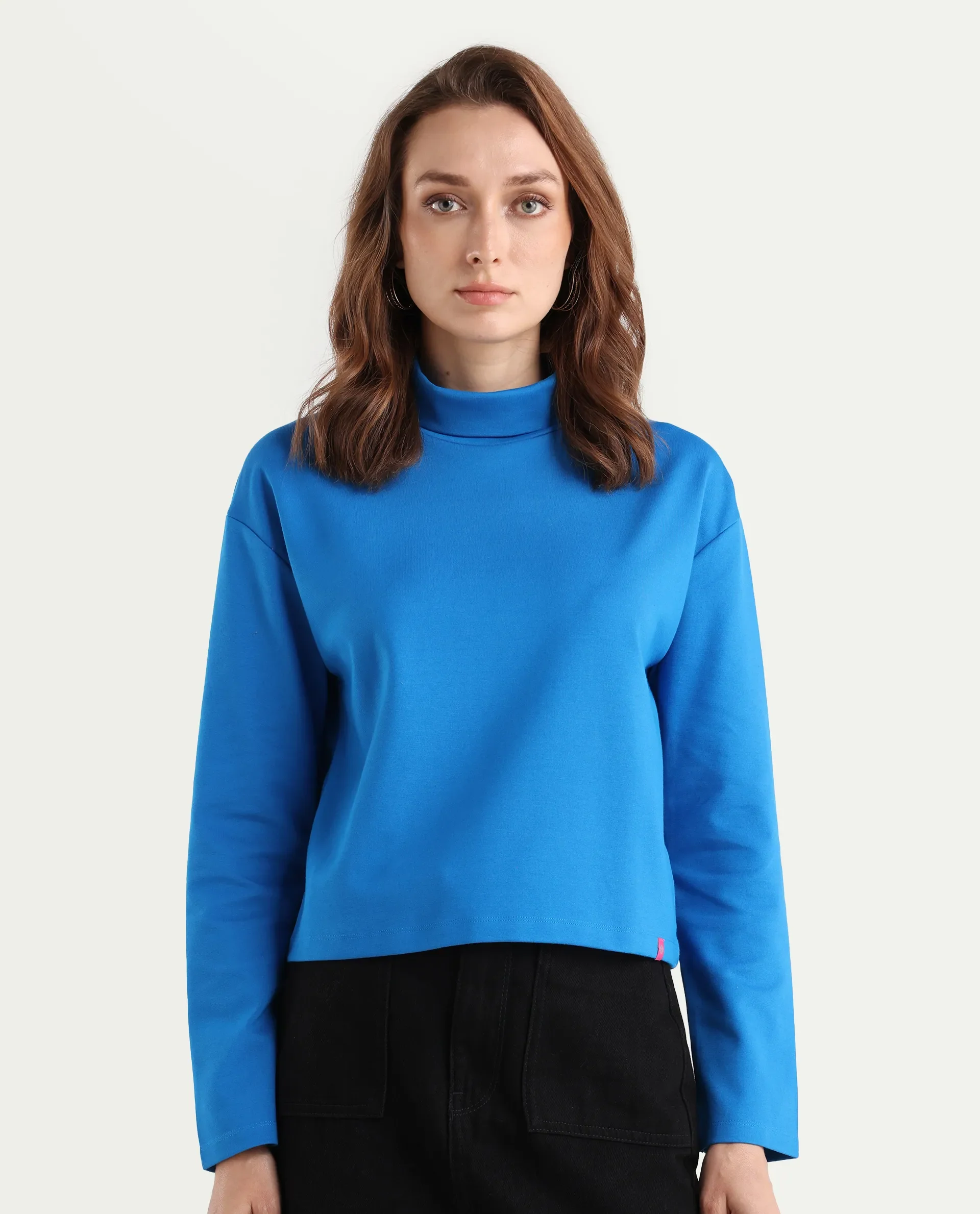 Rareism Women's Malatya Blue Cotton Polo Neck Plain Slim Fit Top - Image 3