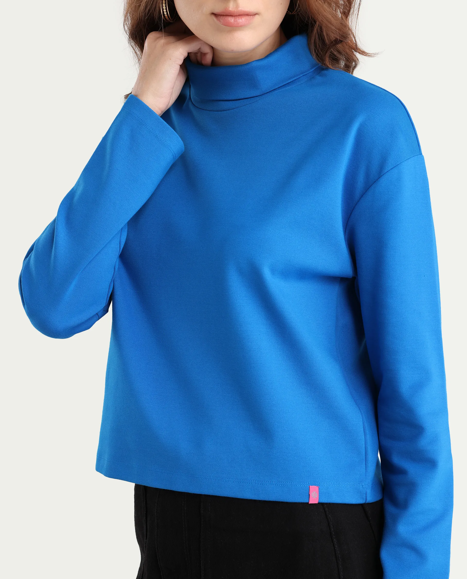 Rareism Women's Malatya Blue Cotton Polo Neck Plain Slim Fit Top - Image 5