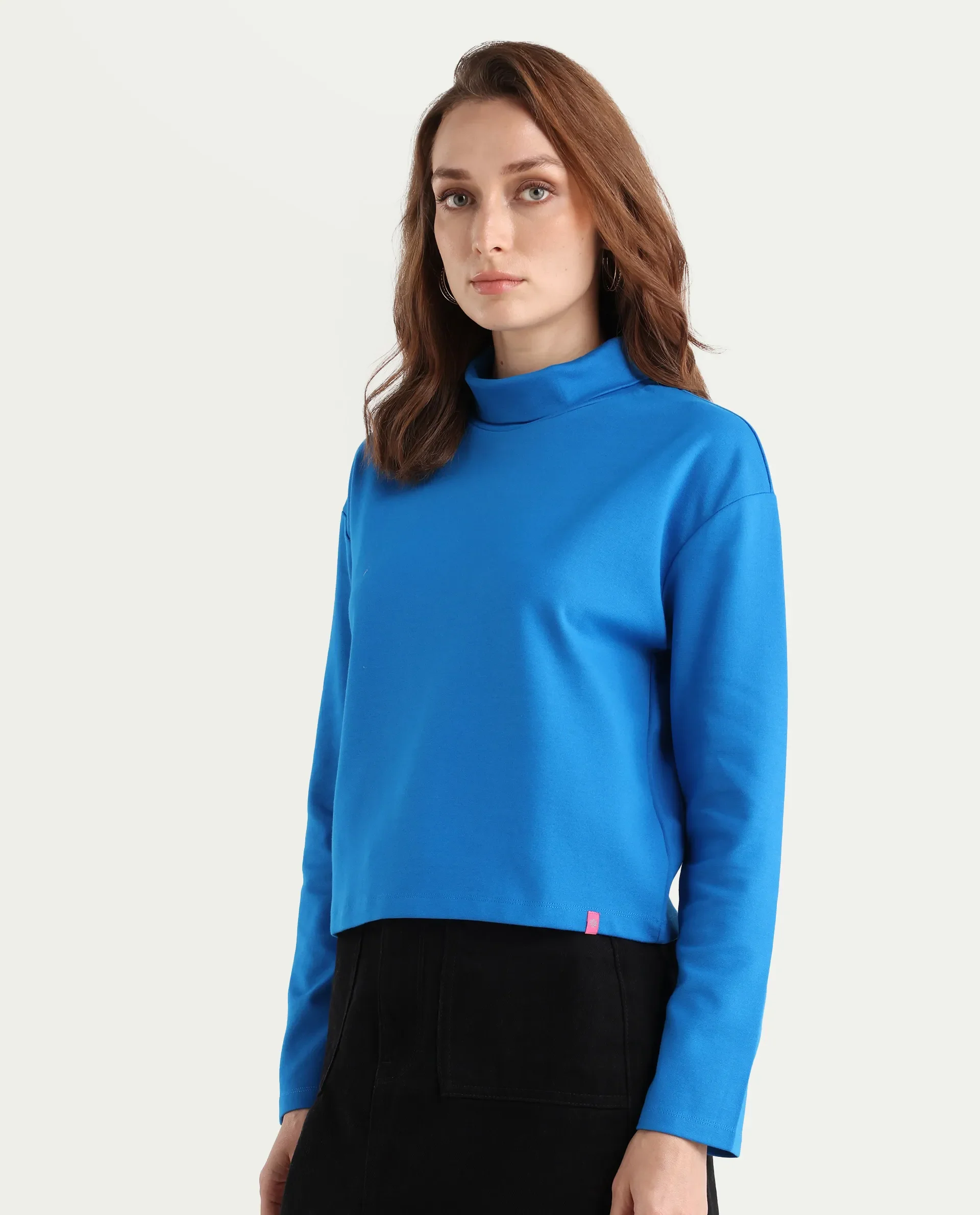 Rareism Women's Malatya Blue Cotton Polo Neck Plain Slim Fit Top - Image 6