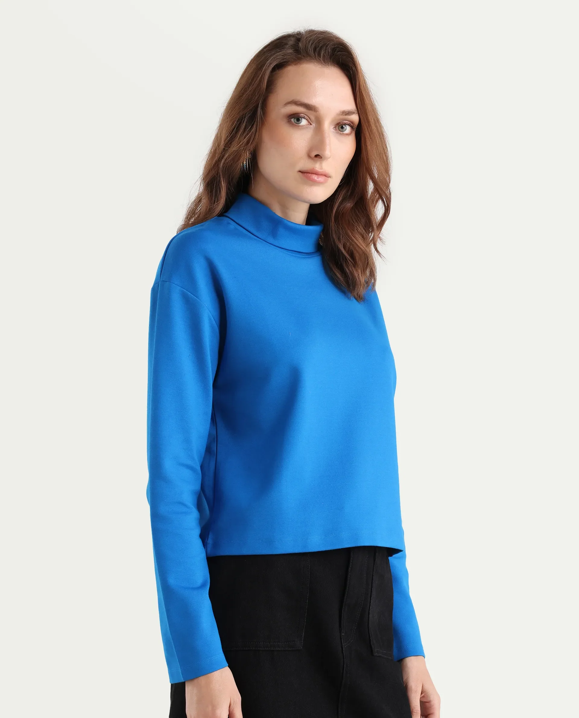 Rareism Women's Malatya Blue Cotton Polo Neck Plain Slim Fit Top - Image 7