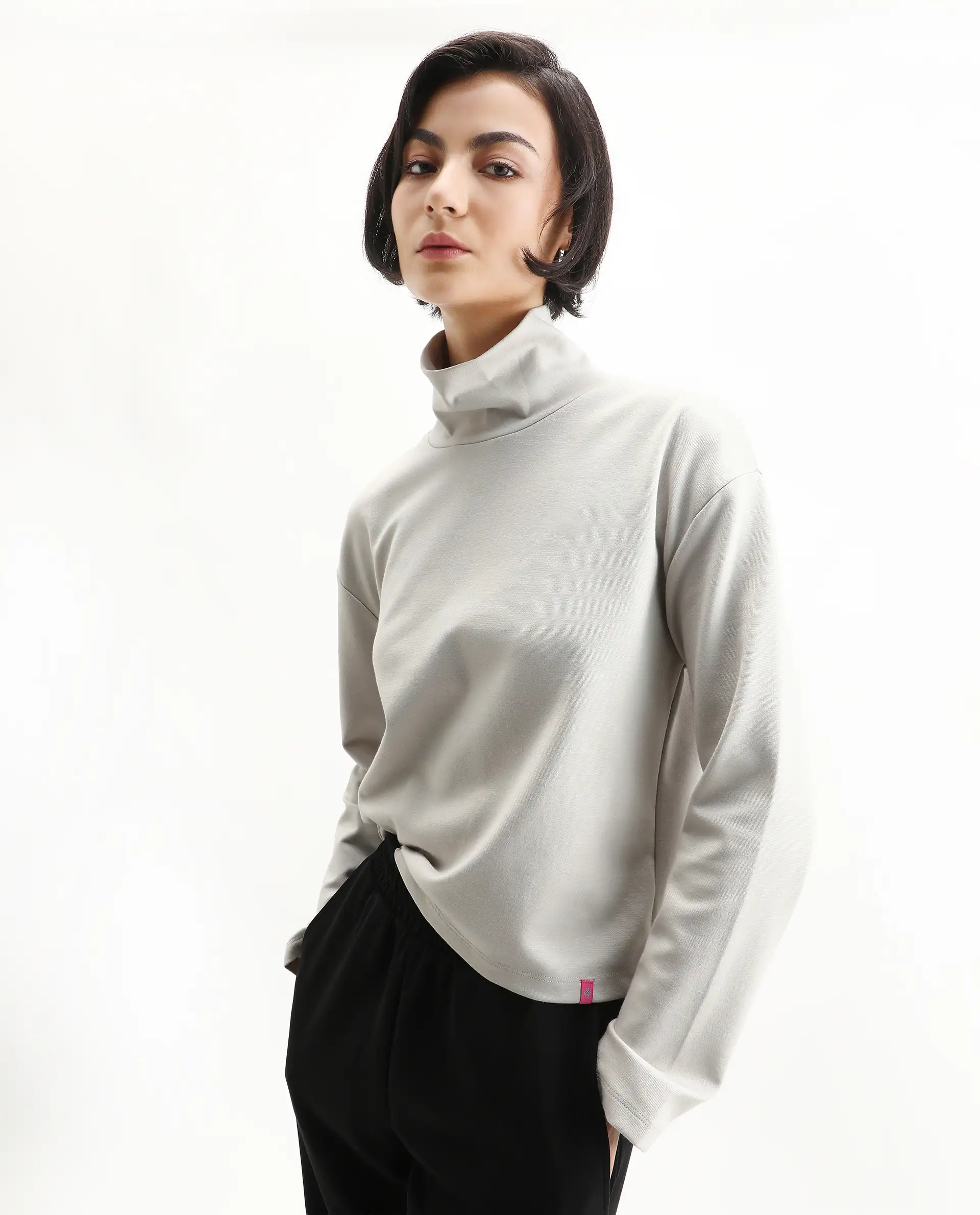 Rareism Women's Malatya Light Grey Cotton Blend Polo Neck Plain Slim Fit Top