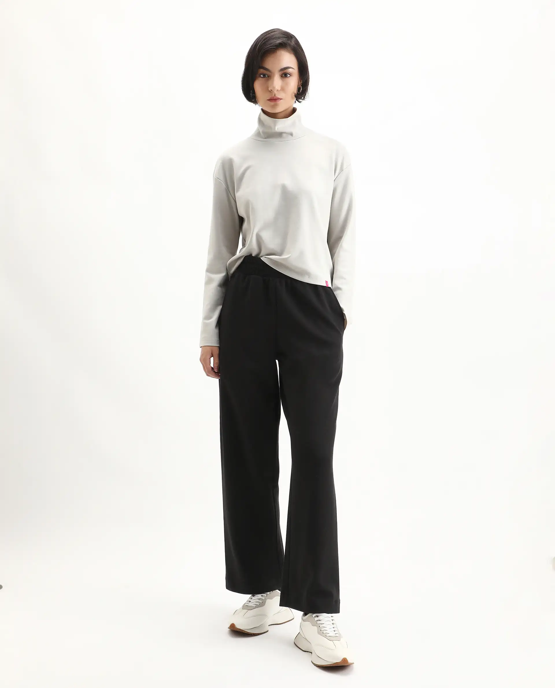 Rareism Women's Malatya Light Grey Cotton Blend Polo Neck Plain Slim Fit Top - Image 2