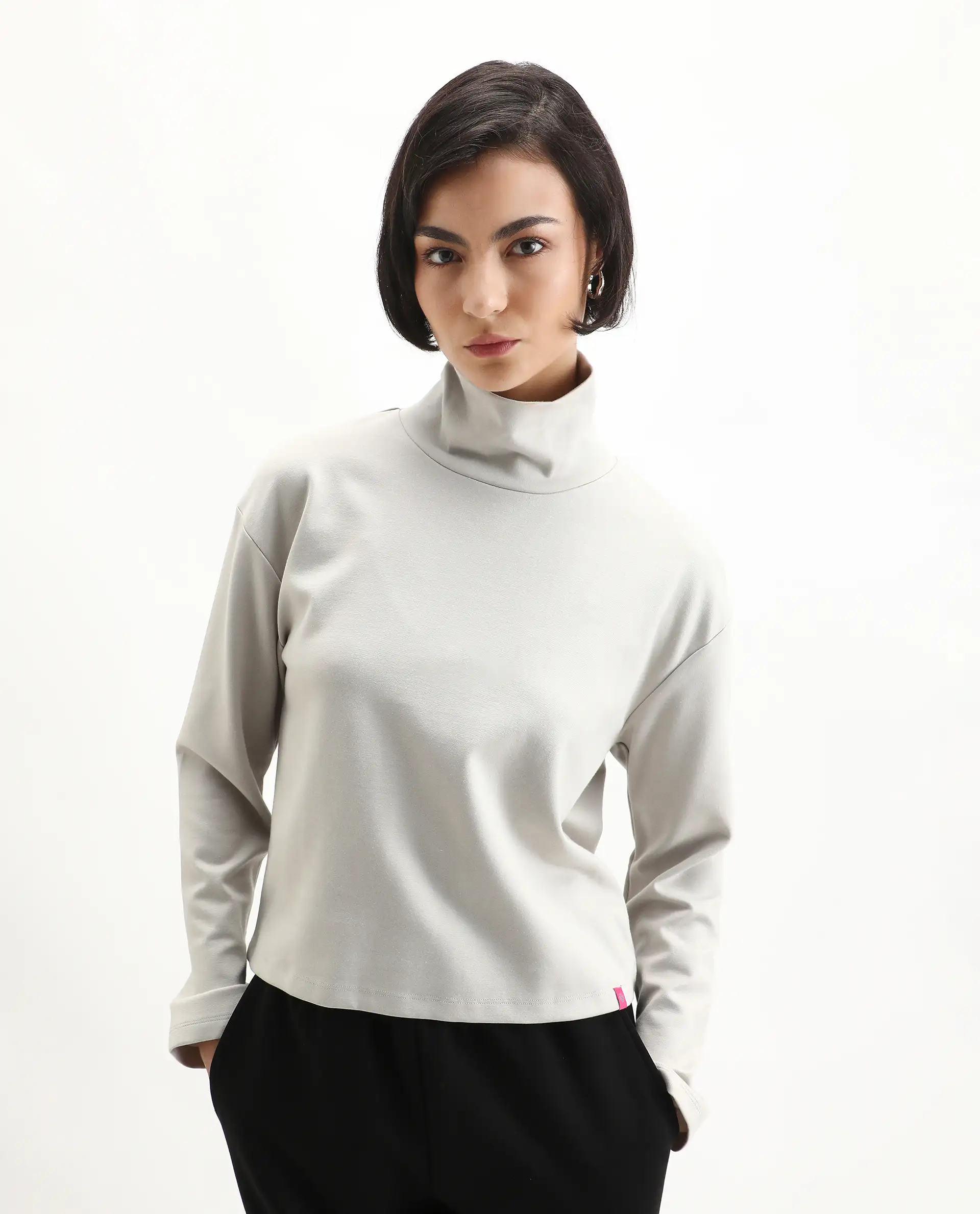 Rareism Women's Malatya Light Grey Cotton Blend Polo Neck Plain Slim Fit Top - Image 3