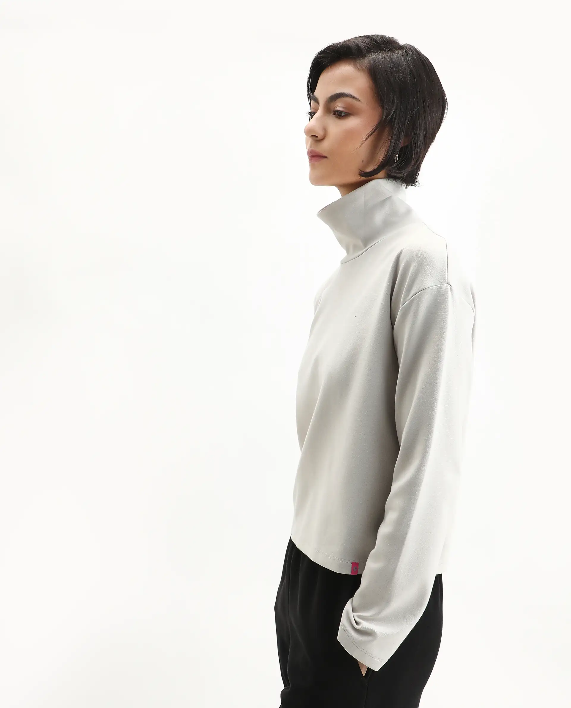Rareism Women's Malatya Light Grey Cotton Blend Polo Neck Plain Slim Fit Top - Image 5
