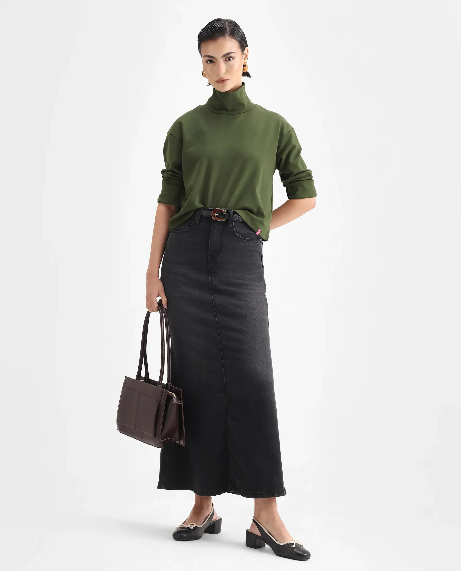 Rareism Women's Malatya Olive Cotton Blend Polo Neck Plain Slim Fit Top - Image 2