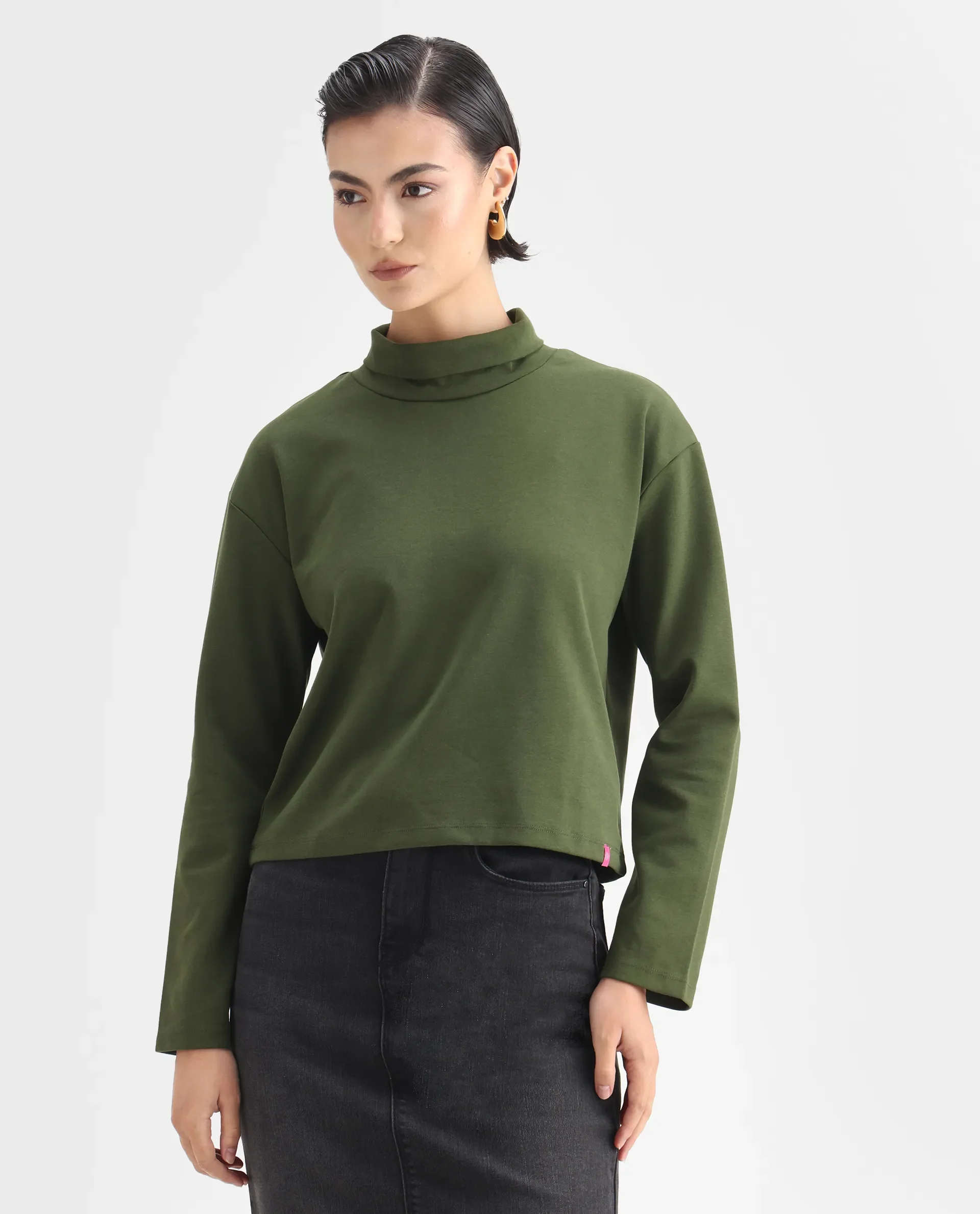 Rareism Women's Malatya Olive Cotton Blend Polo Neck Plain Slim Fit Top - Image 3