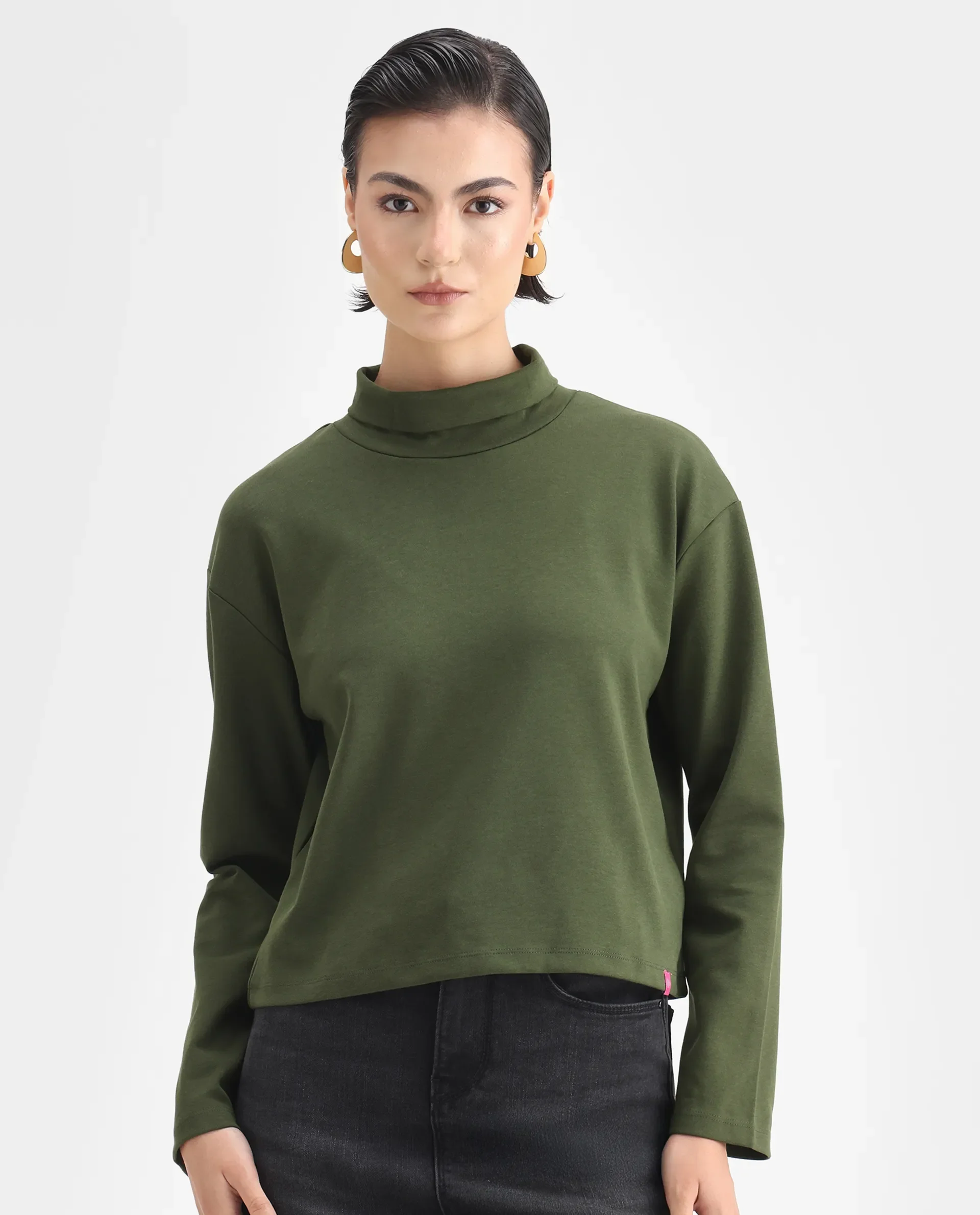 Rareism Women's Malatya Olive Cotton Blend Polo Neck Plain Slim Fit Top - Image 4