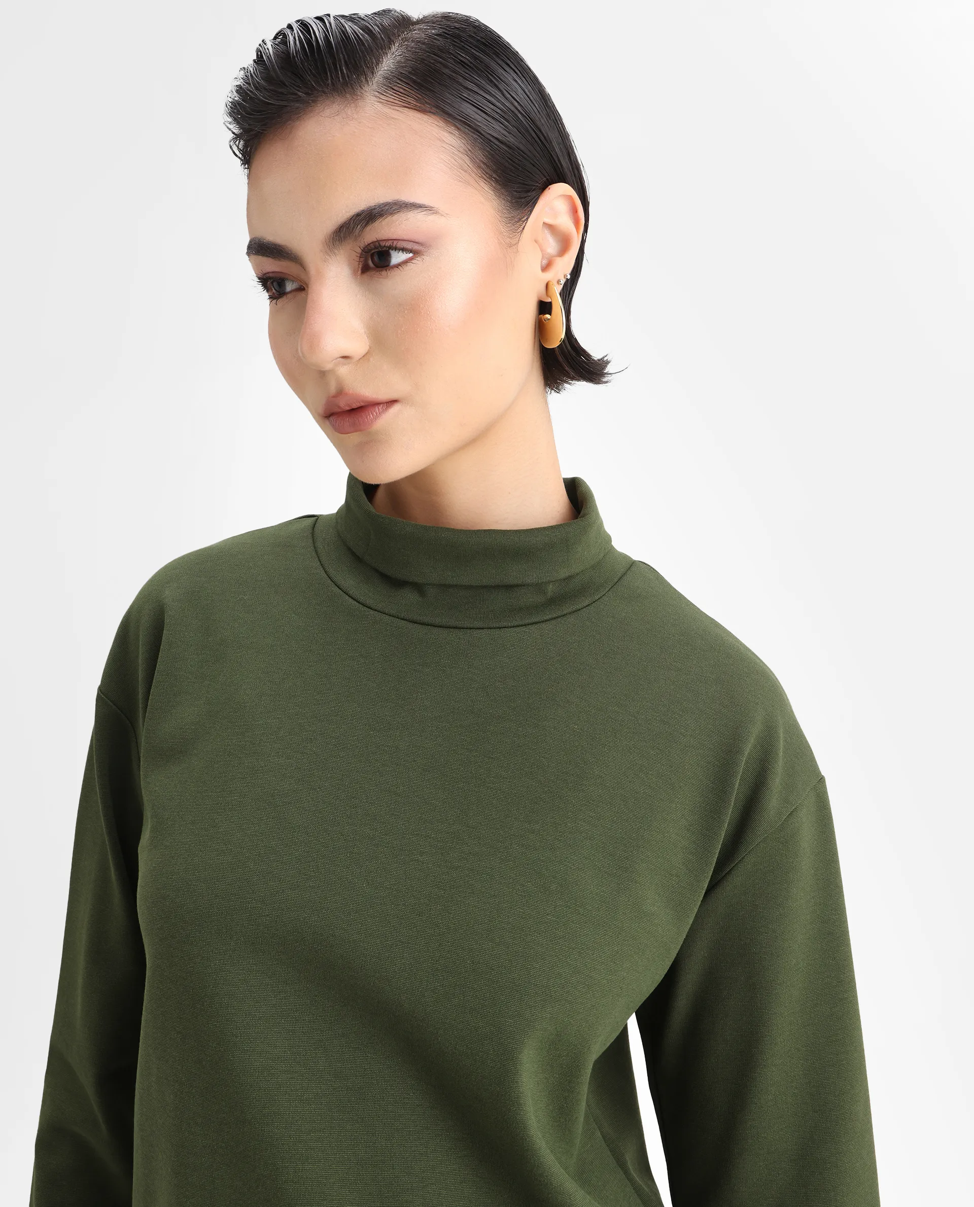 Rareism Women's Malatya Olive Cotton Blend Polo Neck Plain Slim Fit Top - Image 5