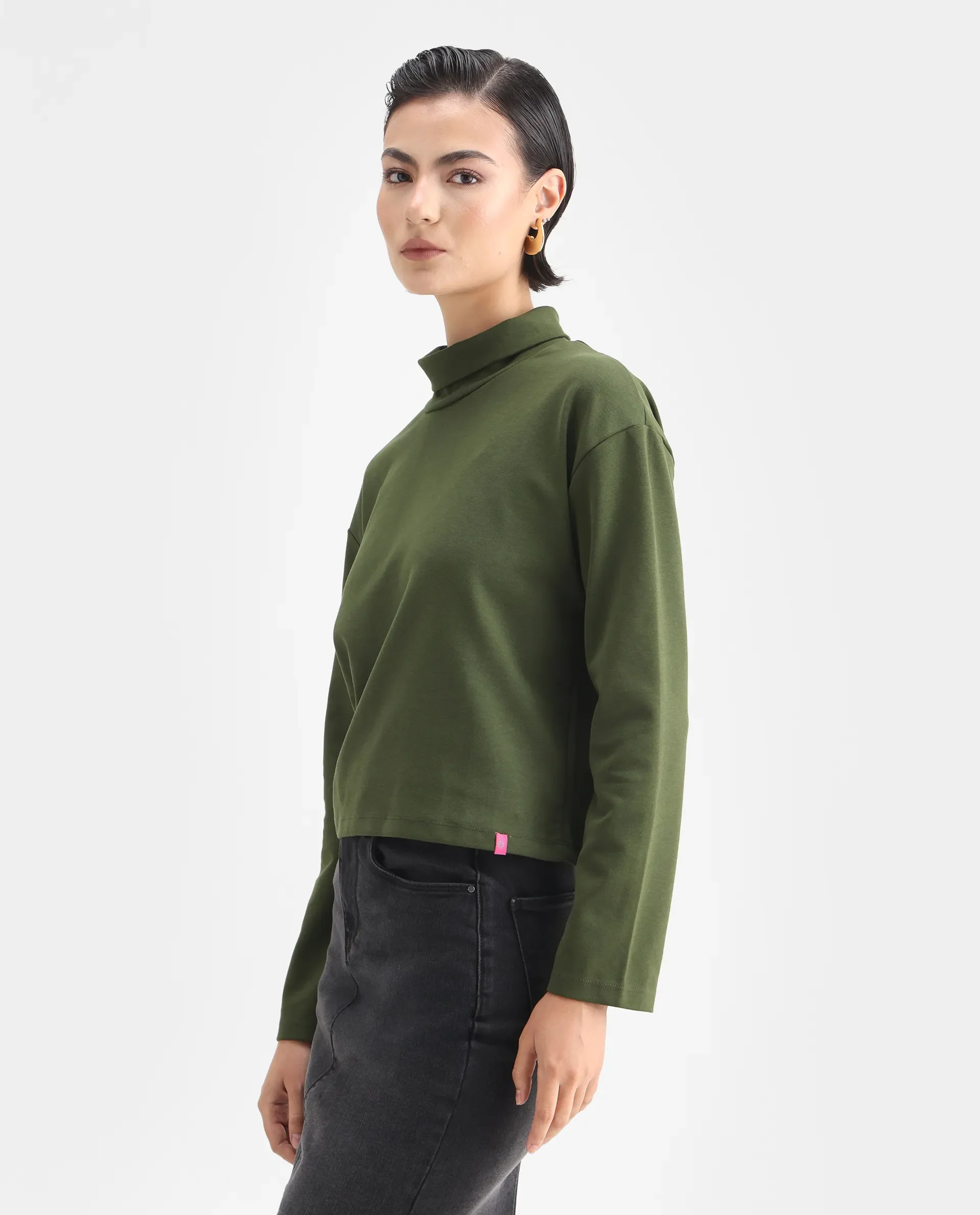 Rareism Women's Malatya Olive Cotton Blend Polo Neck Plain Slim Fit Top - Image 6