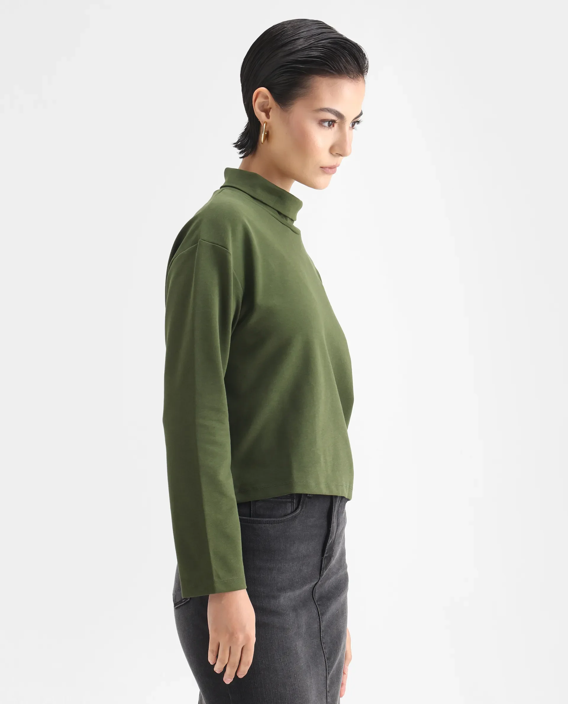Rareism Women's Malatya Olive Cotton Blend Polo Neck Plain Slim Fit Top - Image 7