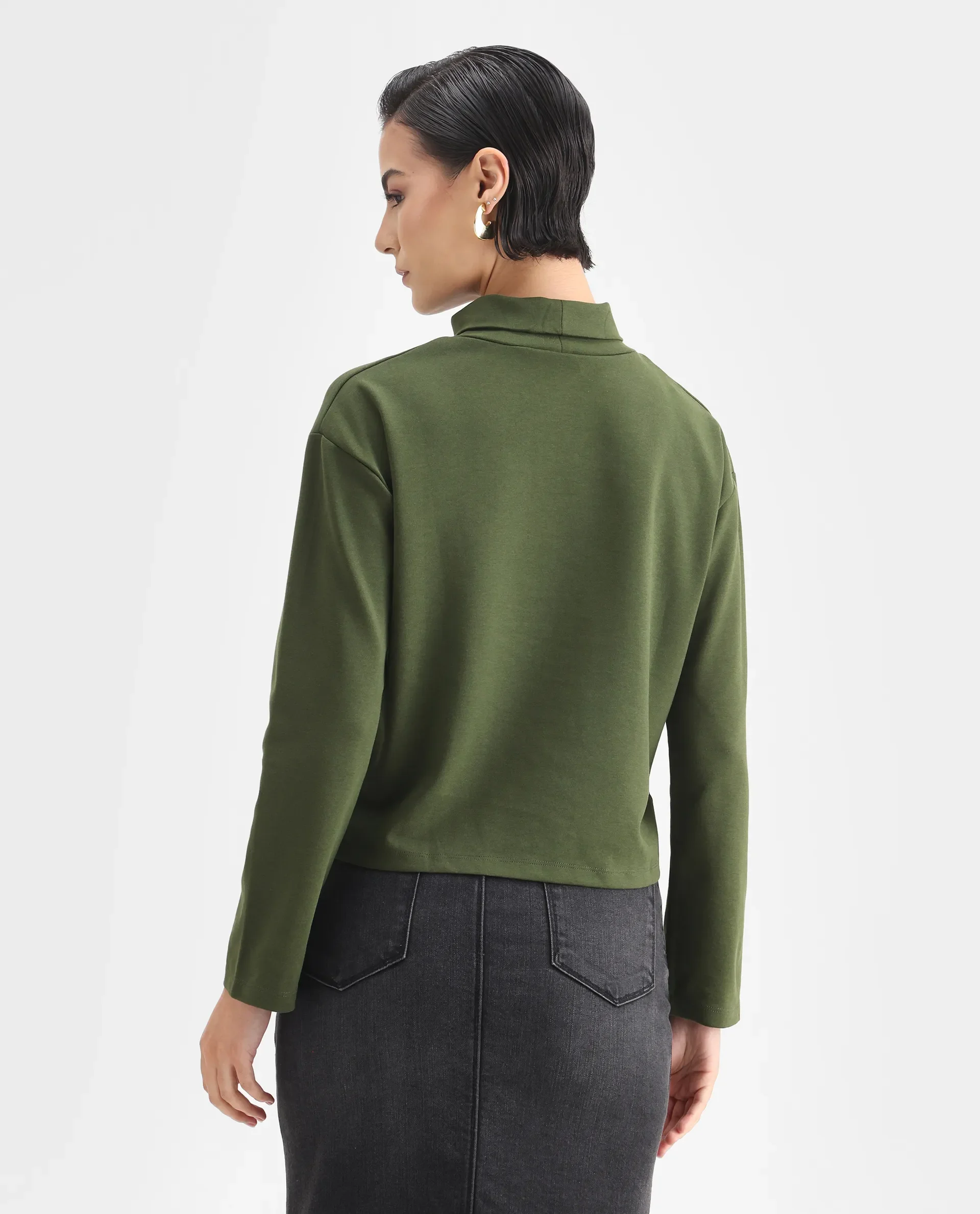 Rareism Women's Malatya Olive Cotton Blend Polo Neck Plain Slim Fit Top - Image 8