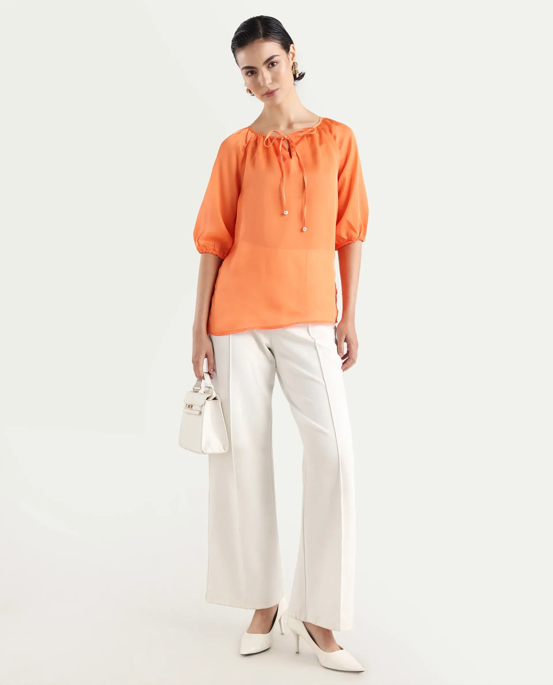 Rareism Women's Maleda Orange Tie-Up Neck Plain Raglan Sleeve Relaxed Fit Top - Image 2
