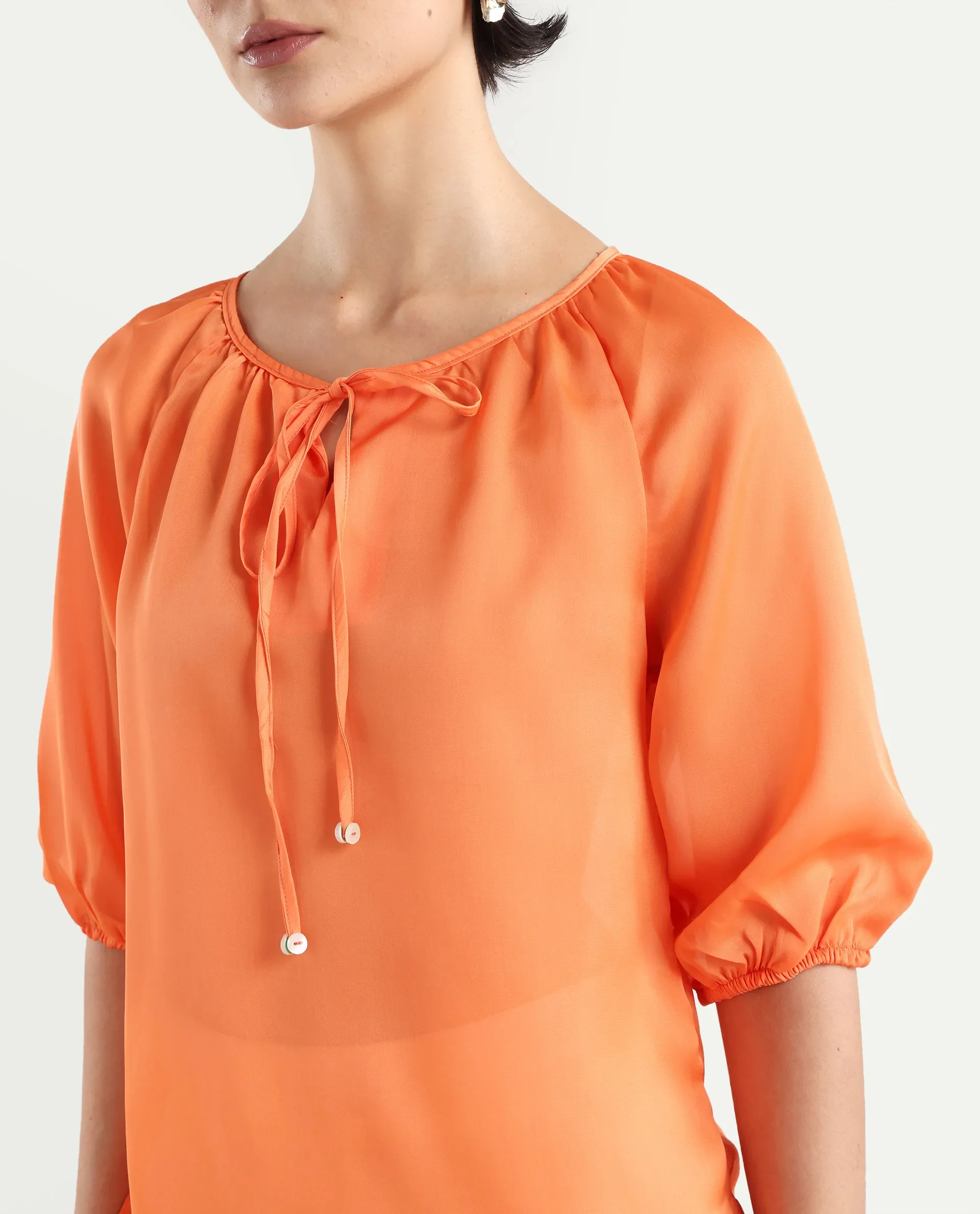 Rareism Women's Maleda Orange Tie-Up Neck Plain Raglan Sleeve Relaxed Fit Top - Image 3