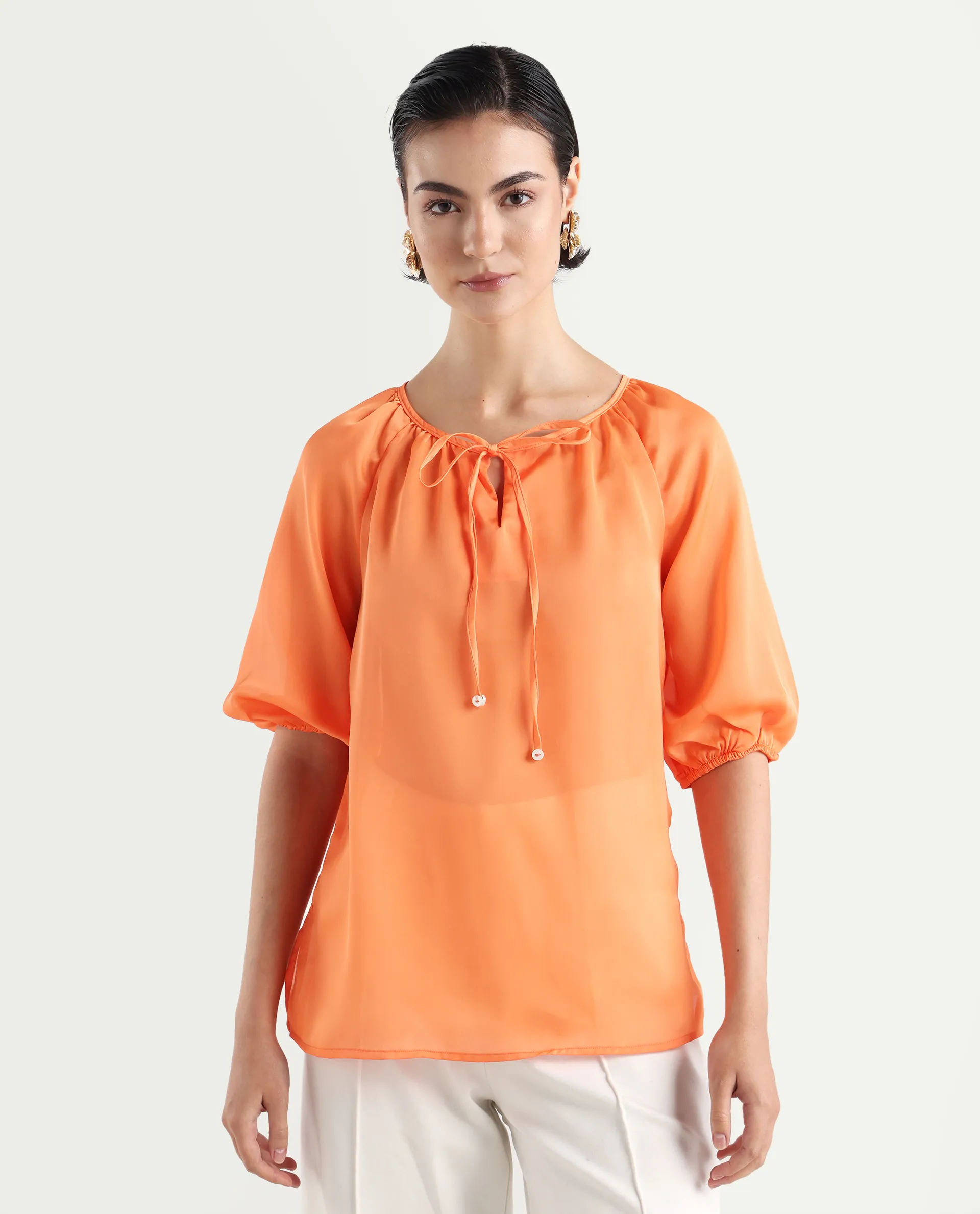 Rareism Women's Maleda Orange Tie-Up Neck Plain Raglan Sleeve Relaxed Fit Top - Image 4