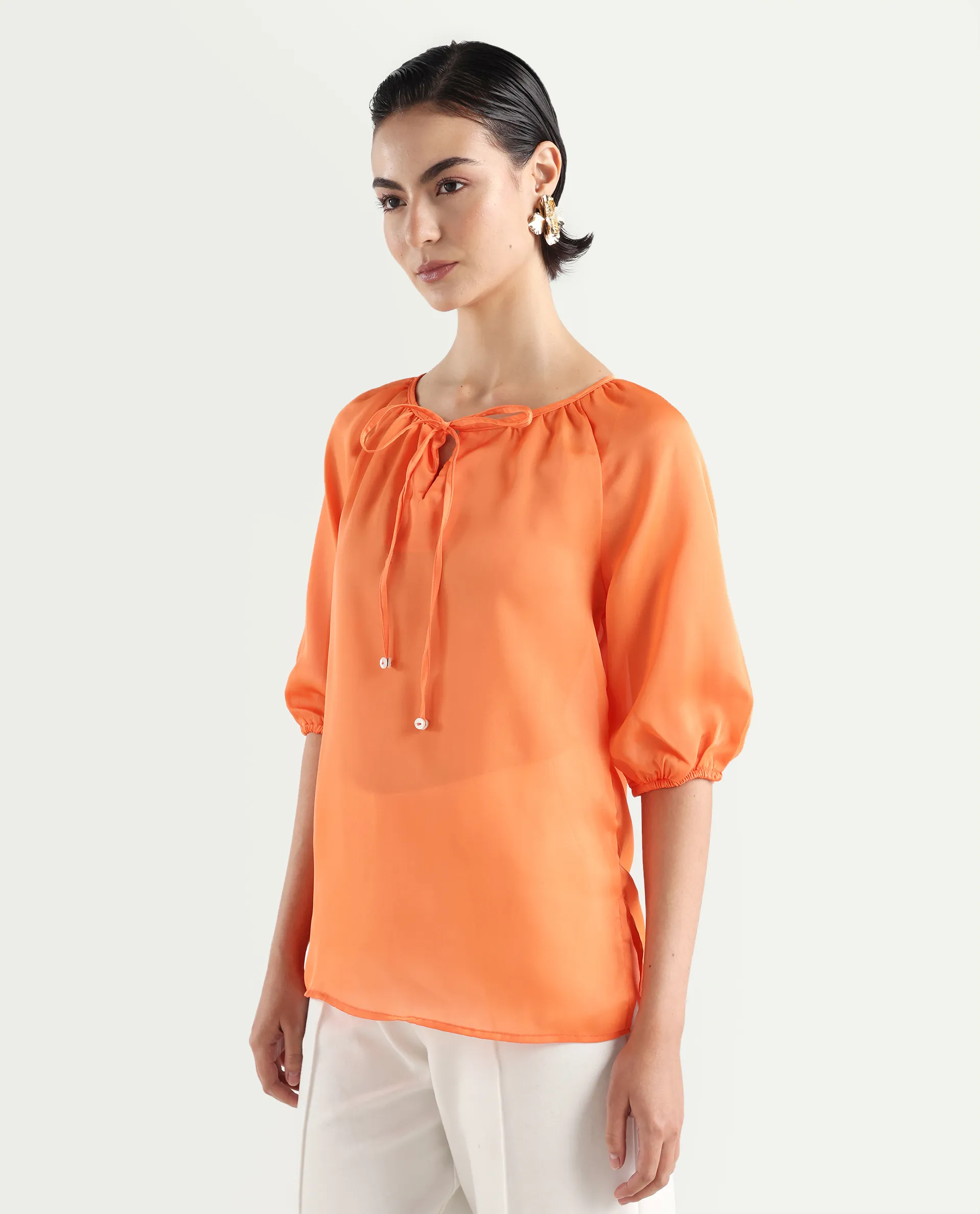 Rareism Women's Maleda Orange Tie-Up Neck Plain Raglan Sleeve Relaxed Fit Top - Image 5