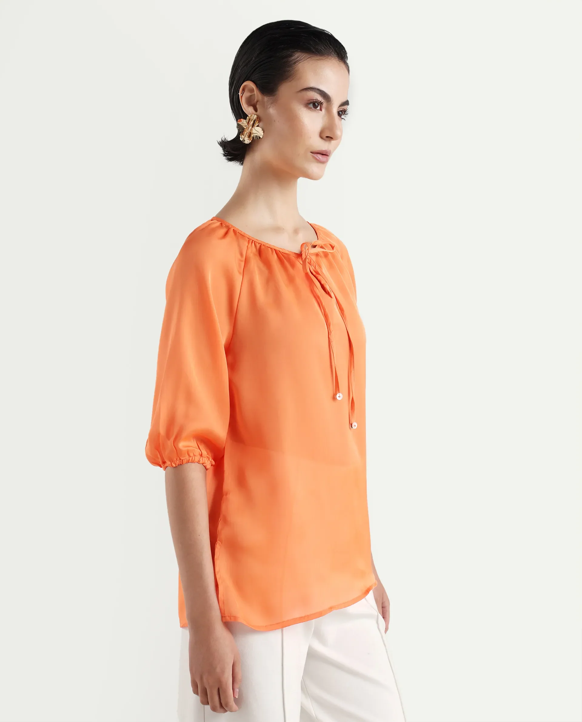 Rareism Women's Maleda Orange Tie-Up Neck Plain Raglan Sleeve Relaxed Fit Top - Image 6