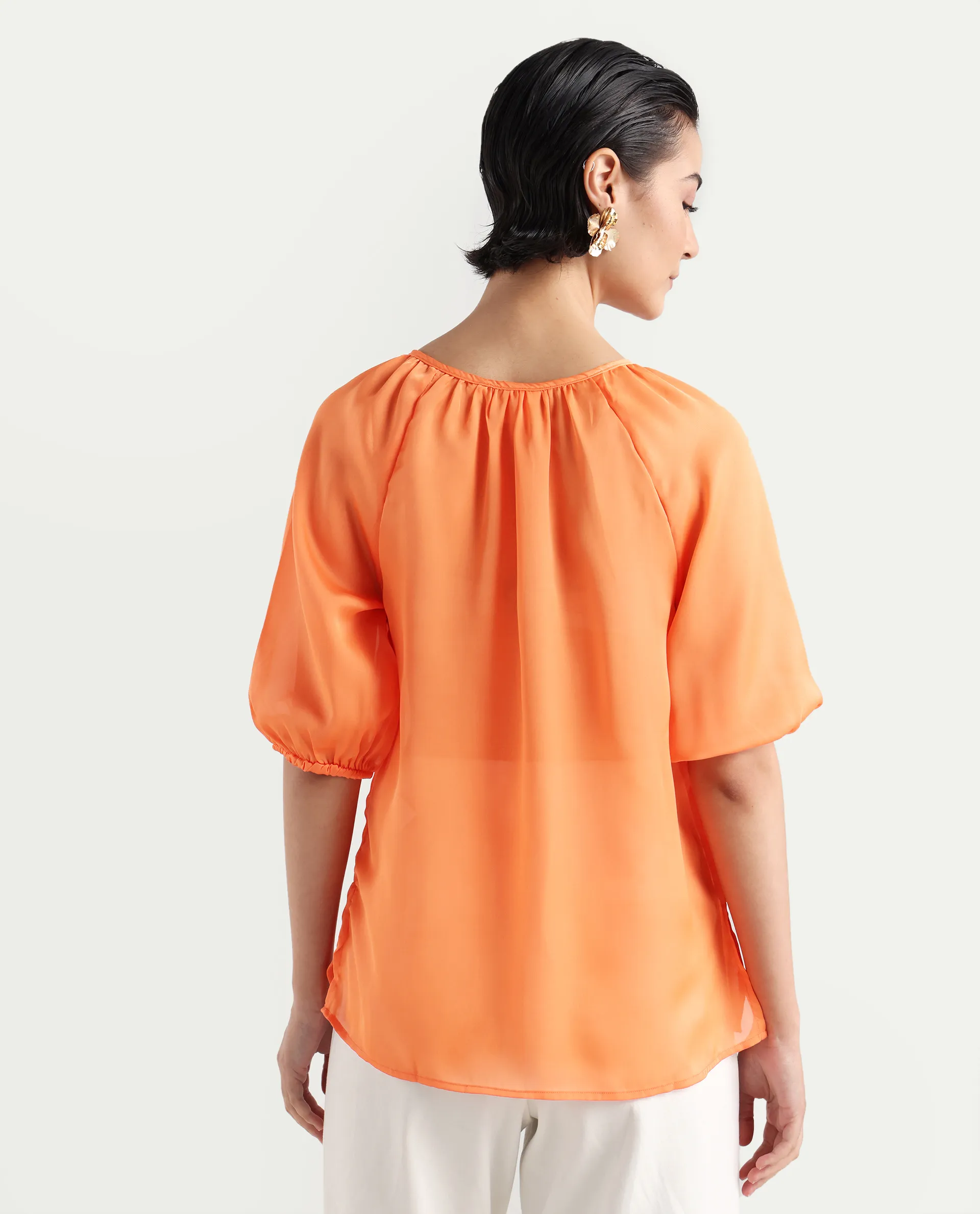 Rareism Women's Maleda Orange Tie-Up Neck Plain Raglan Sleeve Relaxed Fit Top - Image 7
