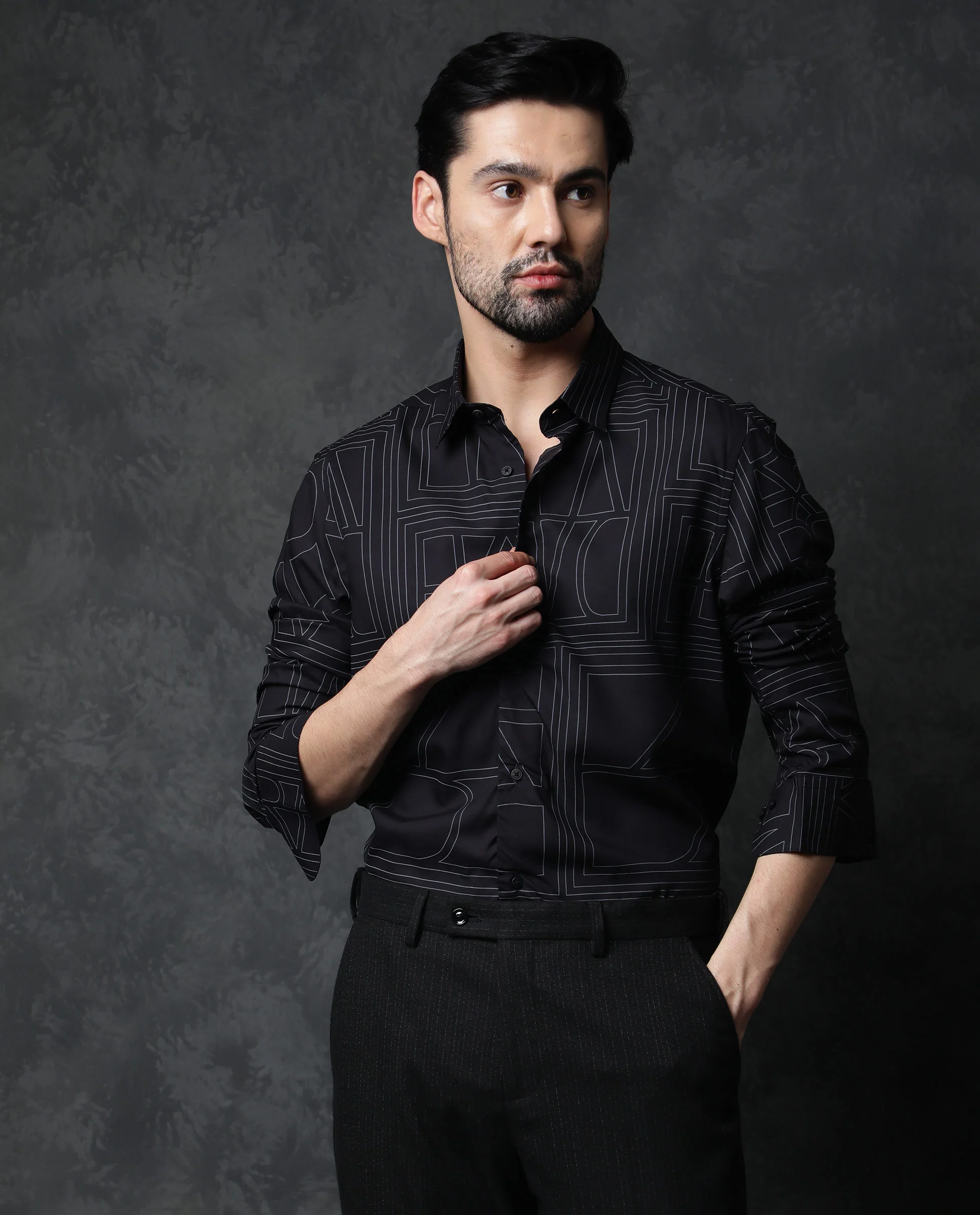 Rare Rabbit Men's Malfor Black Viscose Statement Print Regular Fit Full Sleeve Collared Shirt