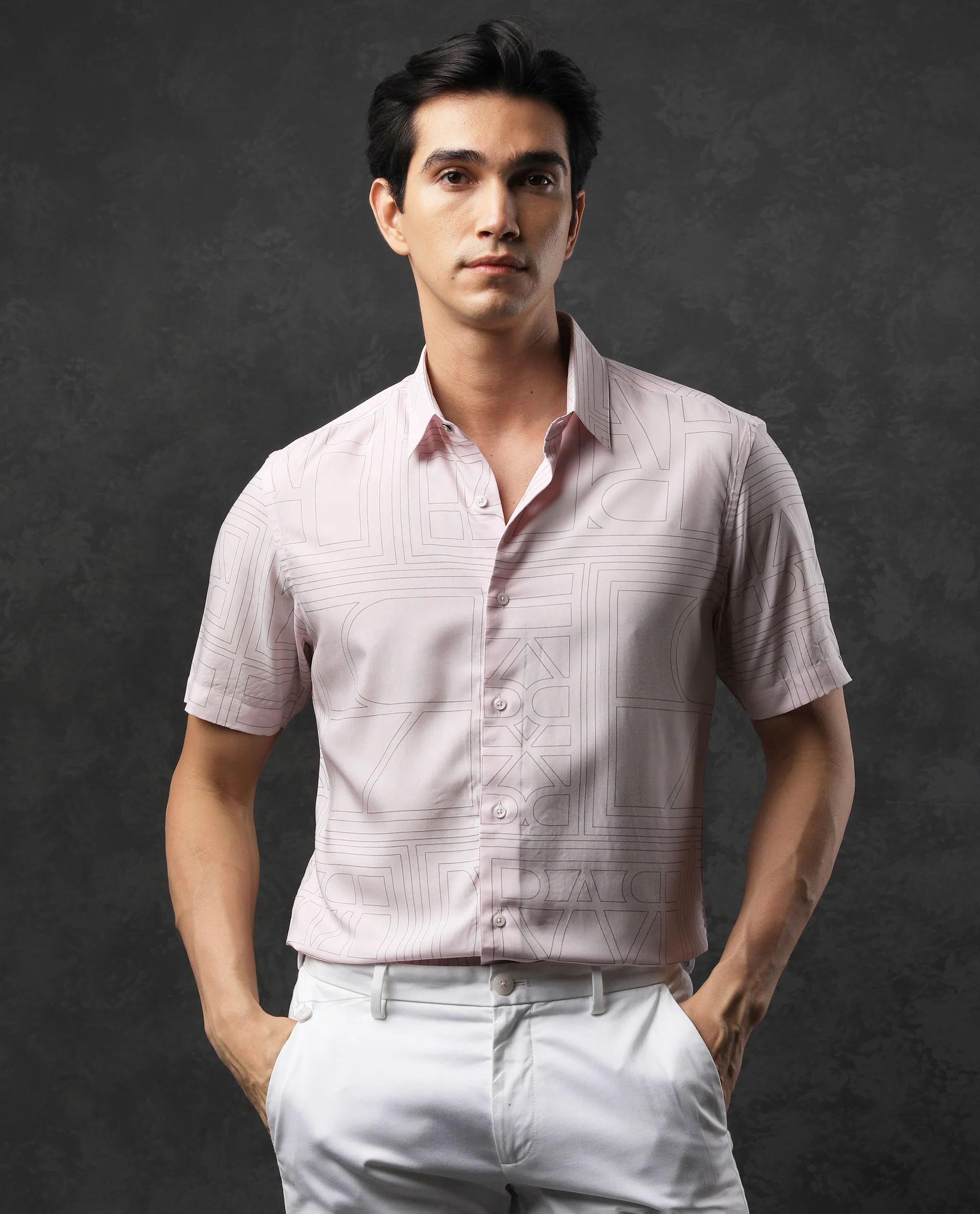 Rare Rabbit Men's Malfor Ss Pastel Pink Viscose Statement Print Regular Fit Half Sleeve Collared Shirt